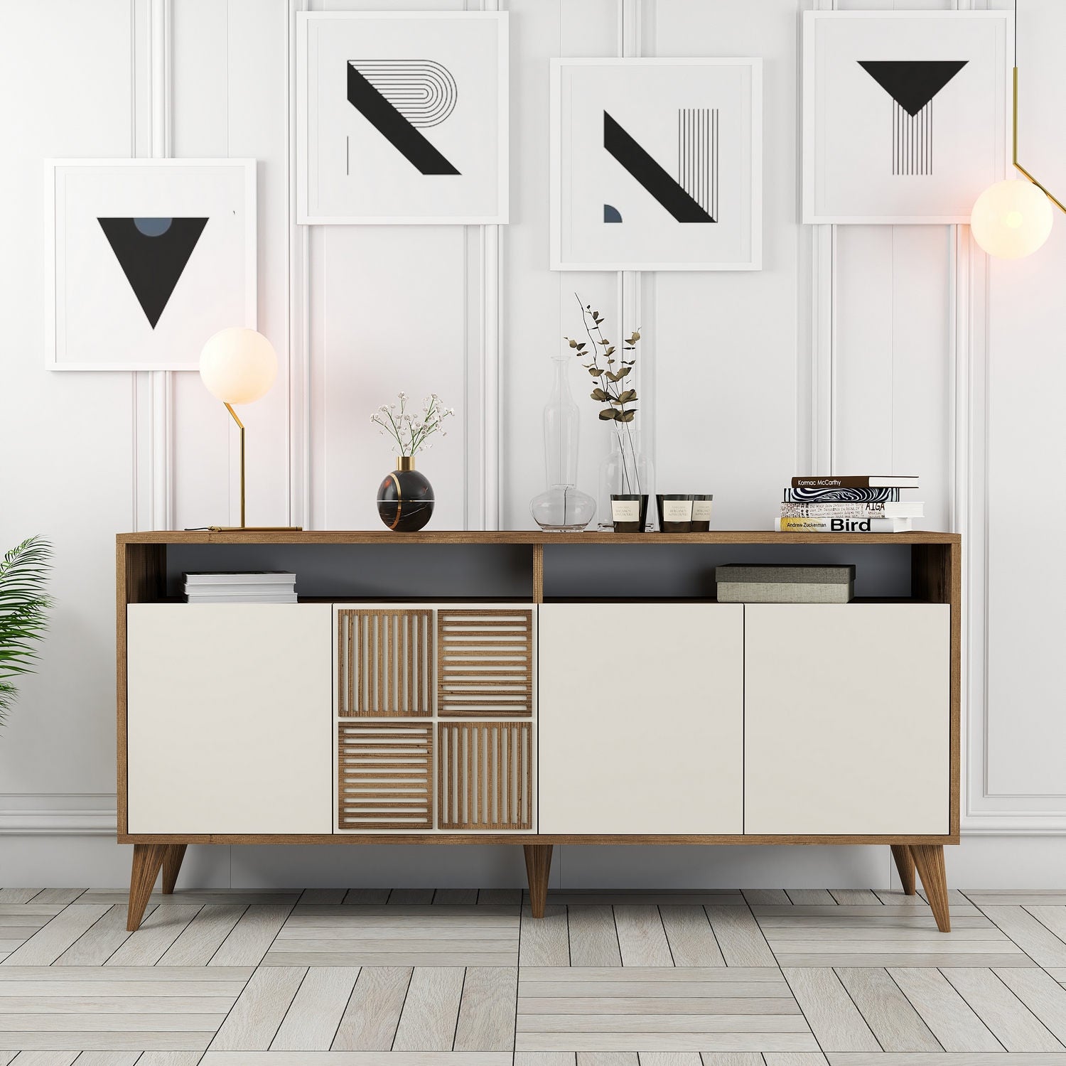Aparador Moderno – 160 x 78 x 35 cm – Nogueira e Creme – Melamina