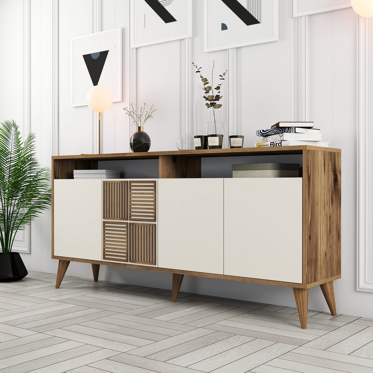 Aparador Moderno – 160 x 78 x 35 cm – Nogueira e Creme – Melamina