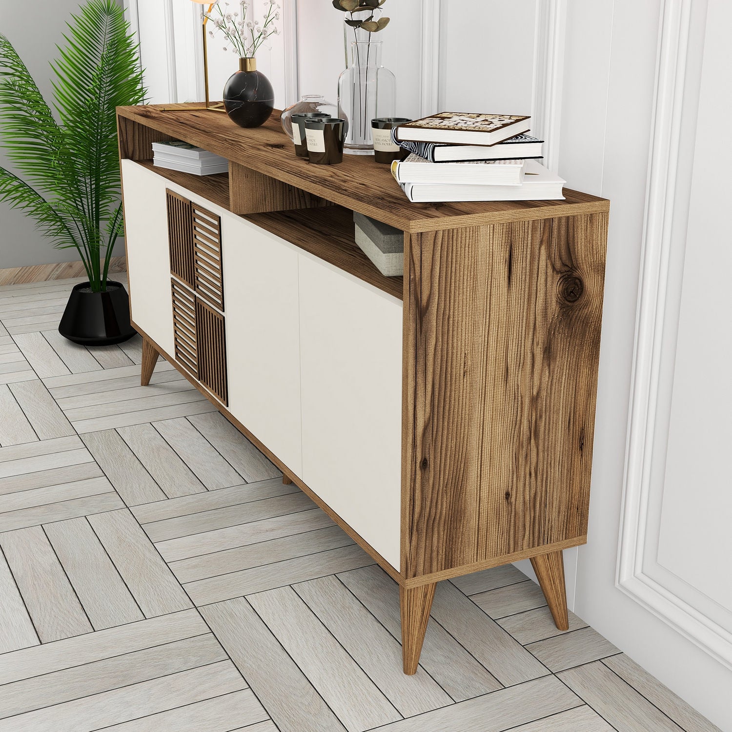 Aparador Moderno – 160 x 78 x 35 cm – Nogueira e Creme – Melamina