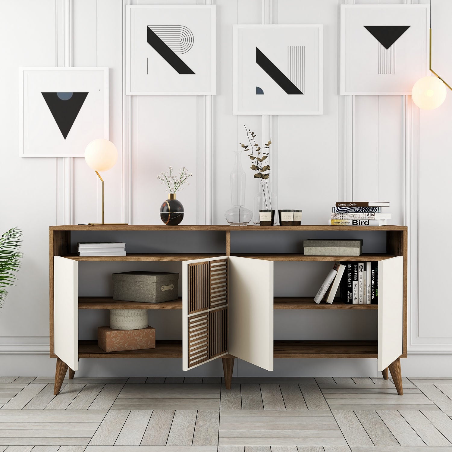 Aparador Moderno – 160 x 78 x 35 cm – Nogueira e Creme – Melamina
