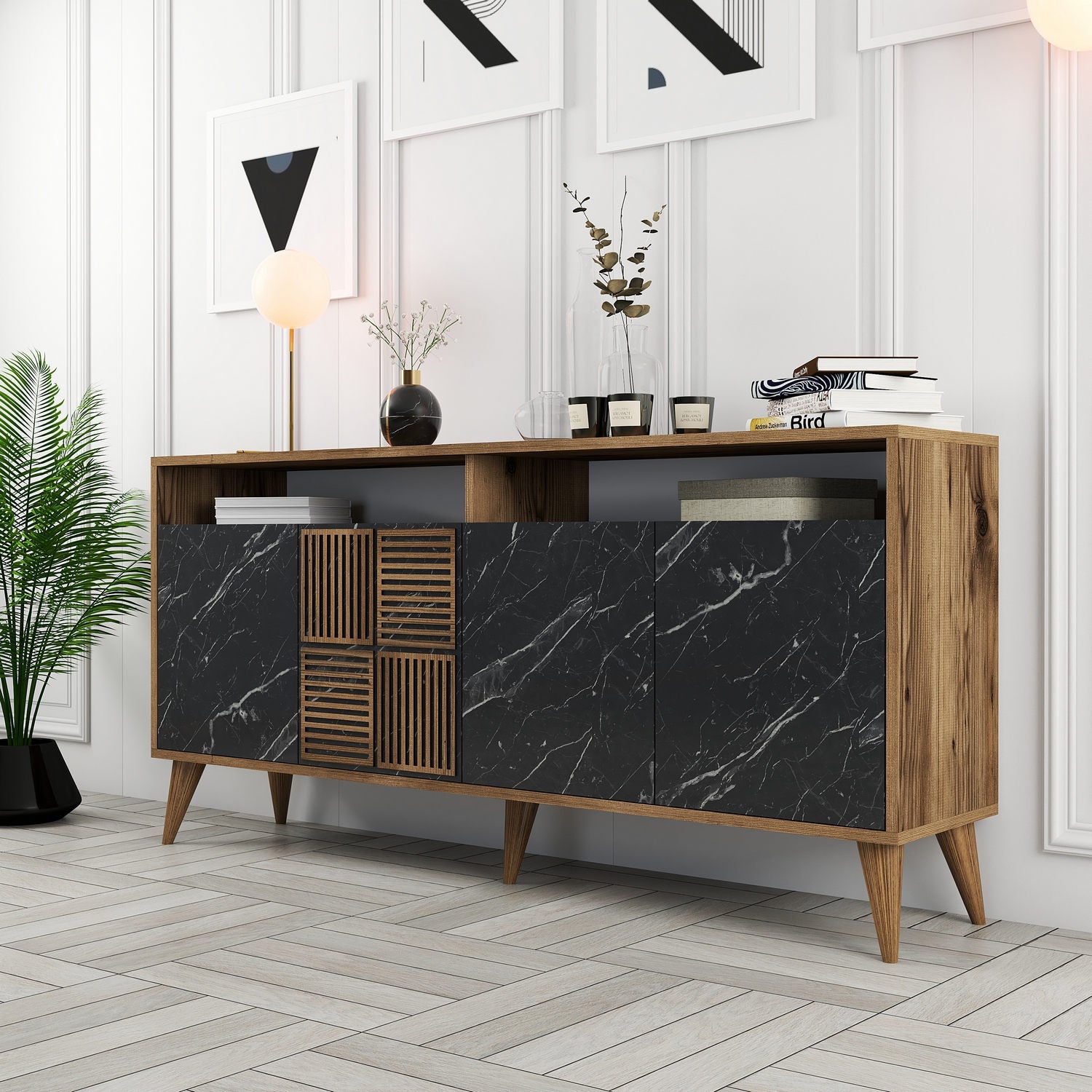 Aparador Moderno – 160 x 78 x 35 cm – Nogueira e Mármore Preto – 100% Melamina