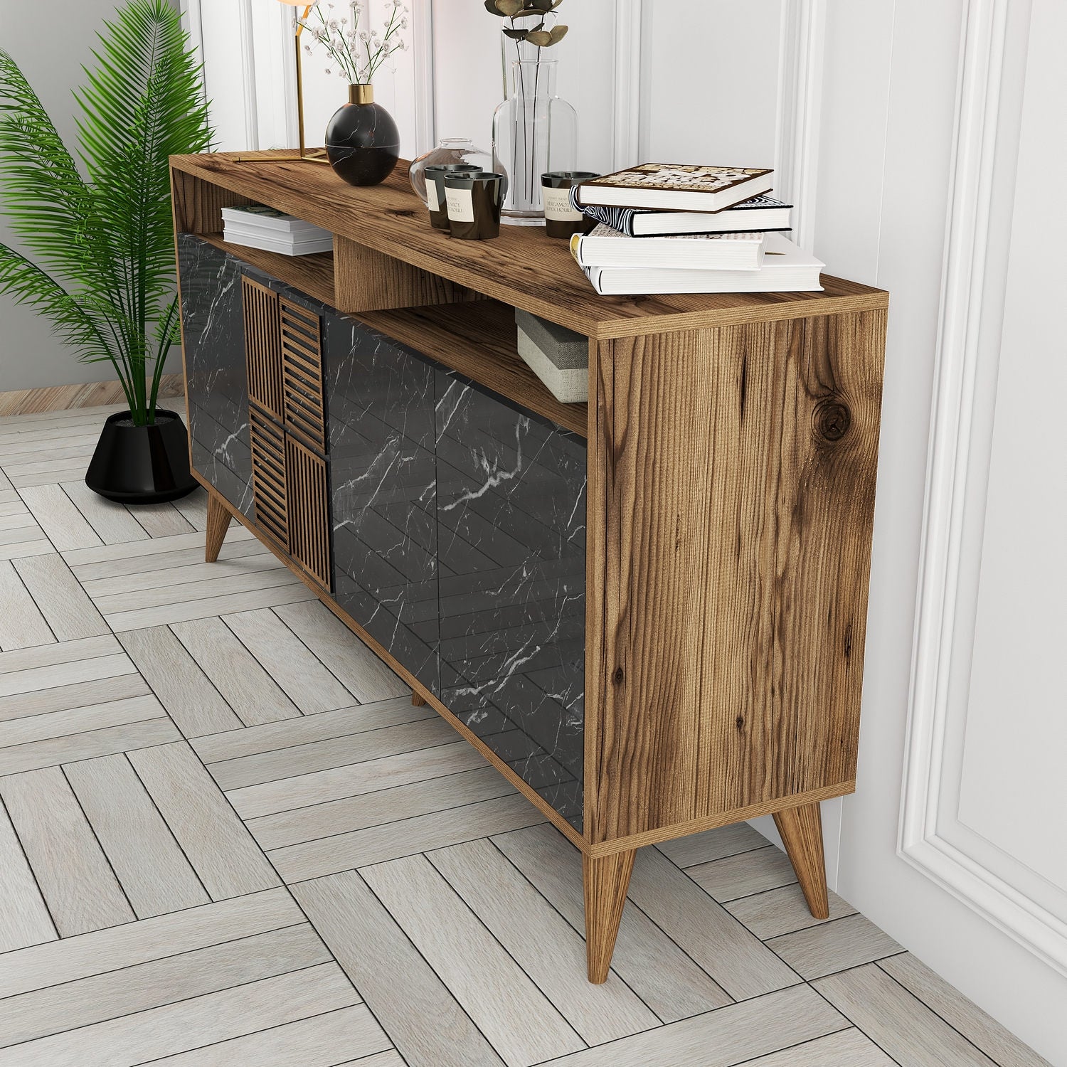 Aparador Moderno – 160 x 78 x 35 cm – Nogueira e Mármore Preto – 100% Melamina