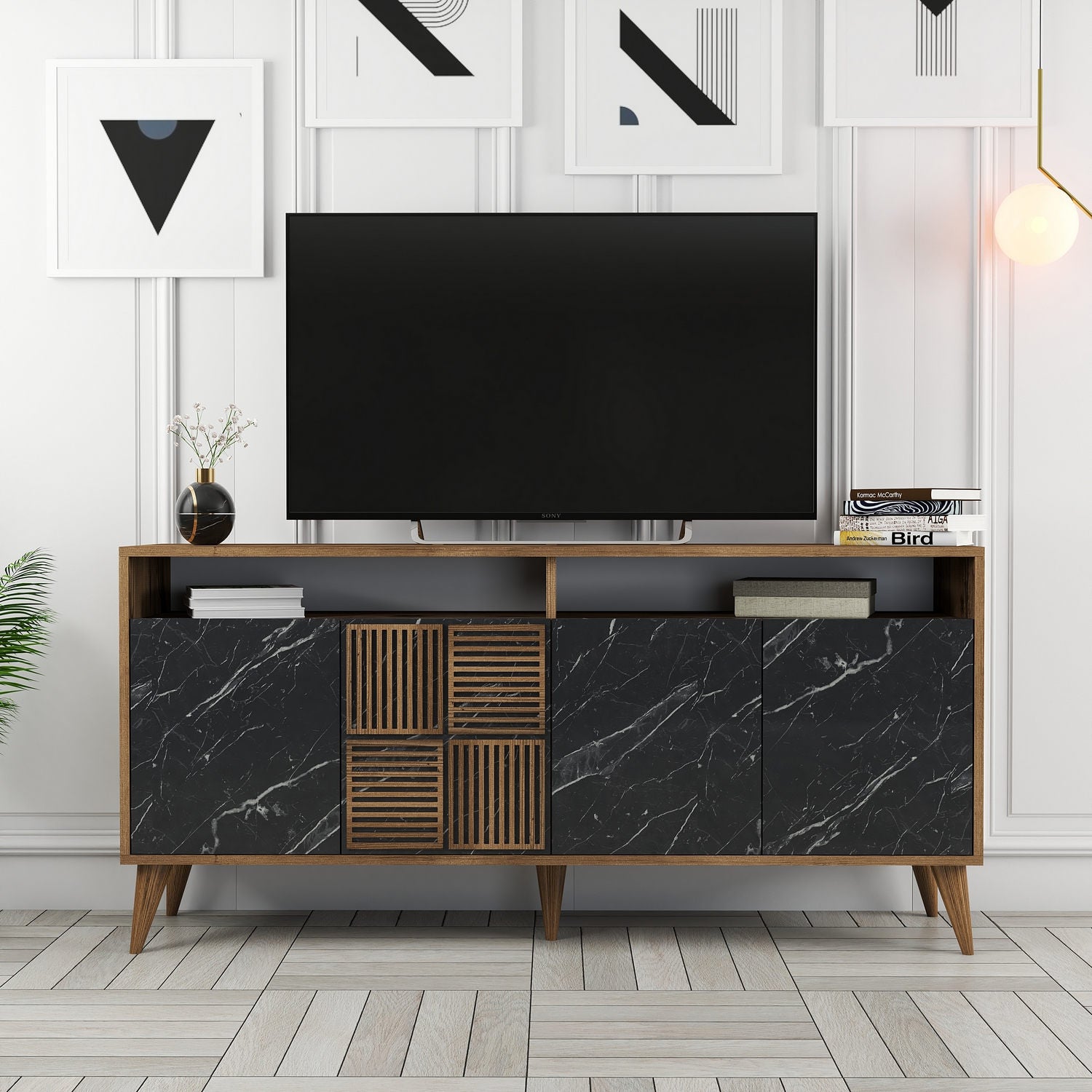 Aparador Moderno – 160 x 78 x 35 cm – Nogueira e Mármore Preto – 100% Melamina