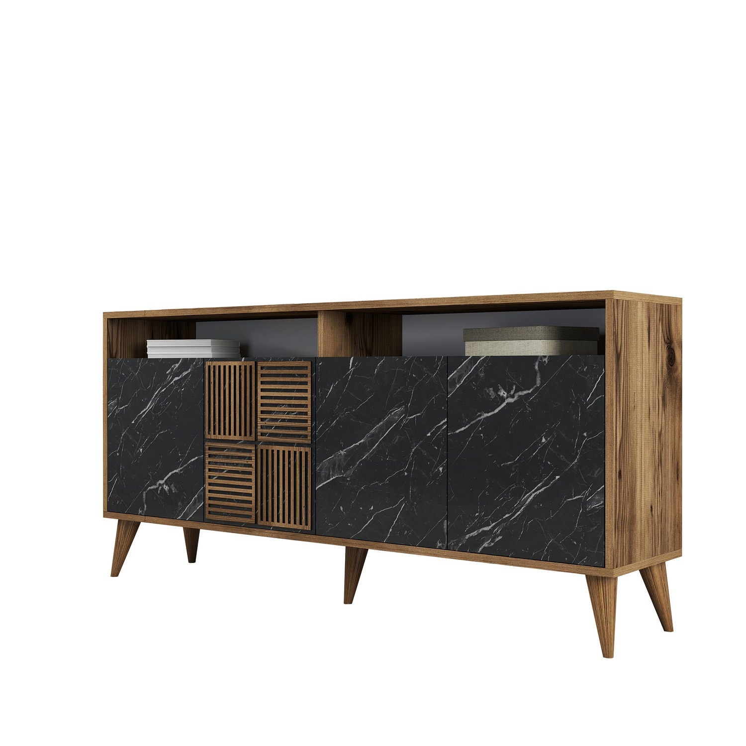 Aparador Moderno – 160 x 78 x 35 cm – Nogueira e Mármore Preto – 100% Melamina