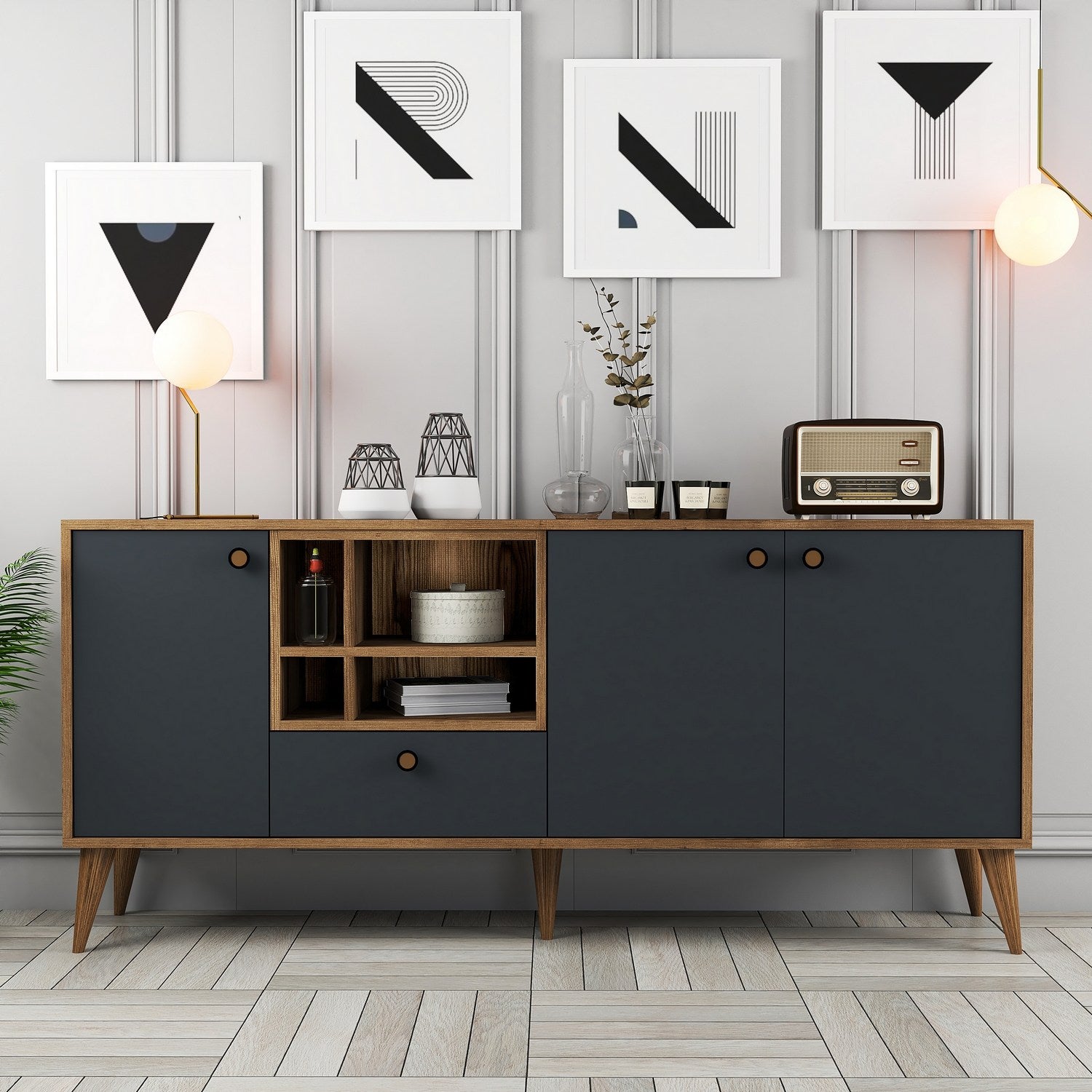 Aparador – 180 x 81 x 35 cm – Antracite e Nogueira – Painel de Partículas revestido a Melamina