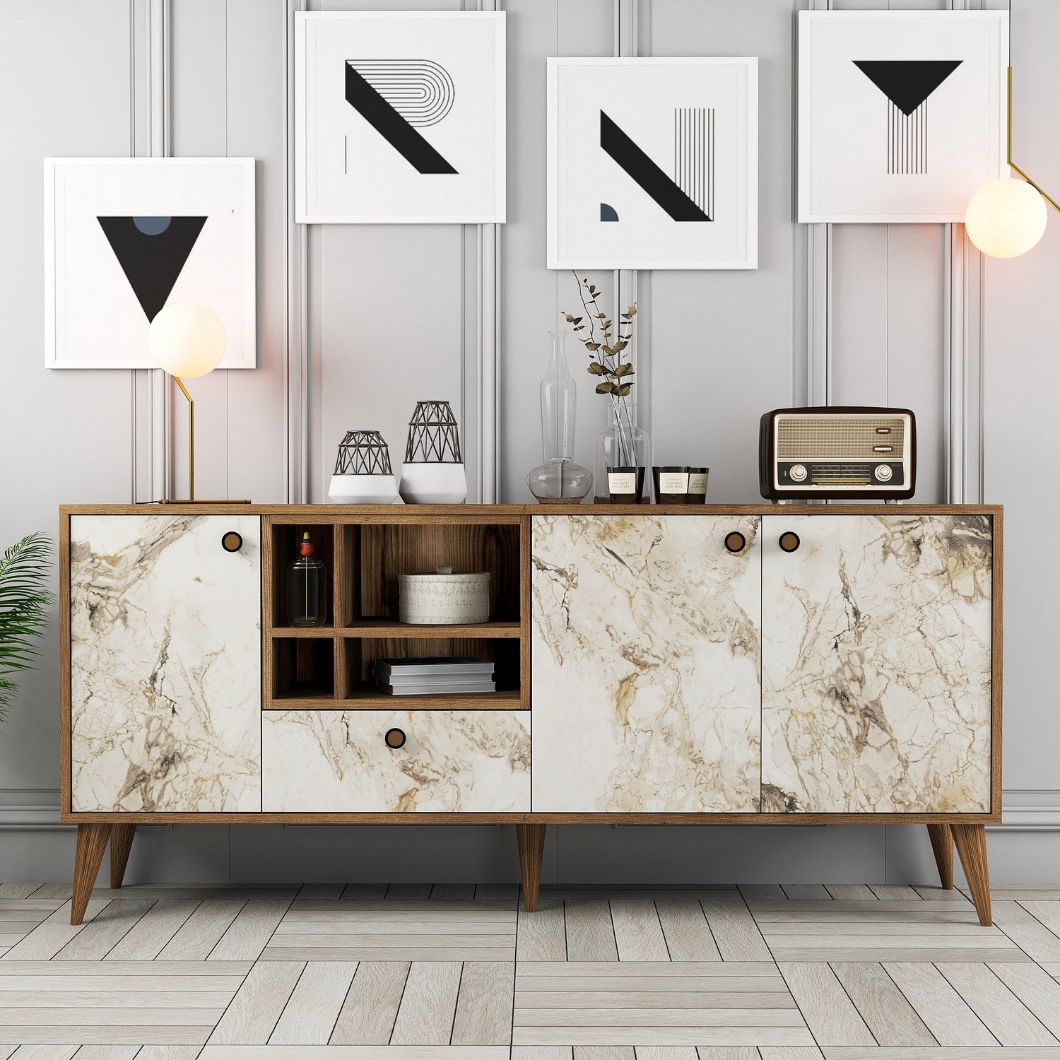 Aparador – 180 x 81 x 35 cm – Mármore Branco e Nogueira – 100% Melamina