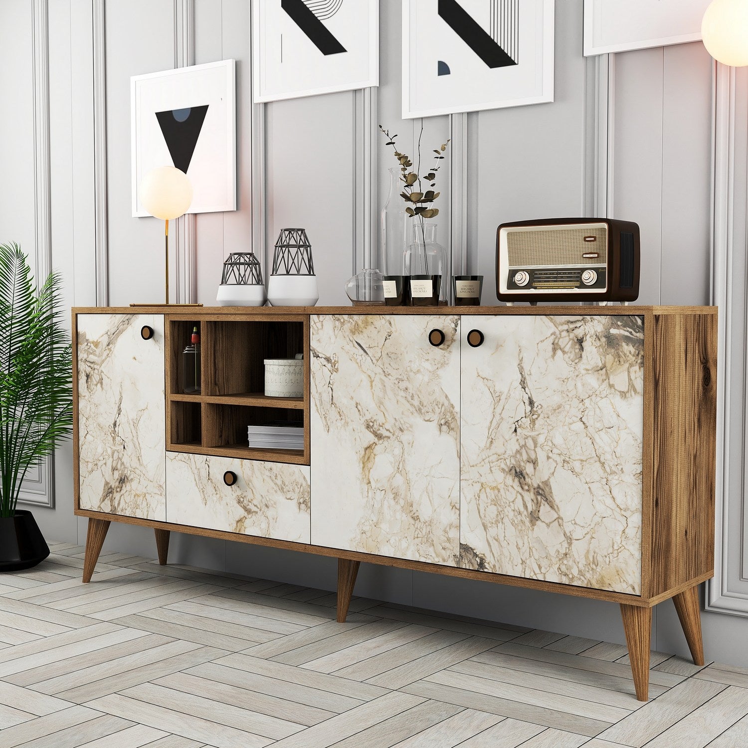 Aparador – 180 x 81 x 35 cm – Mármore Branco e Nogueira – 100% Melamina