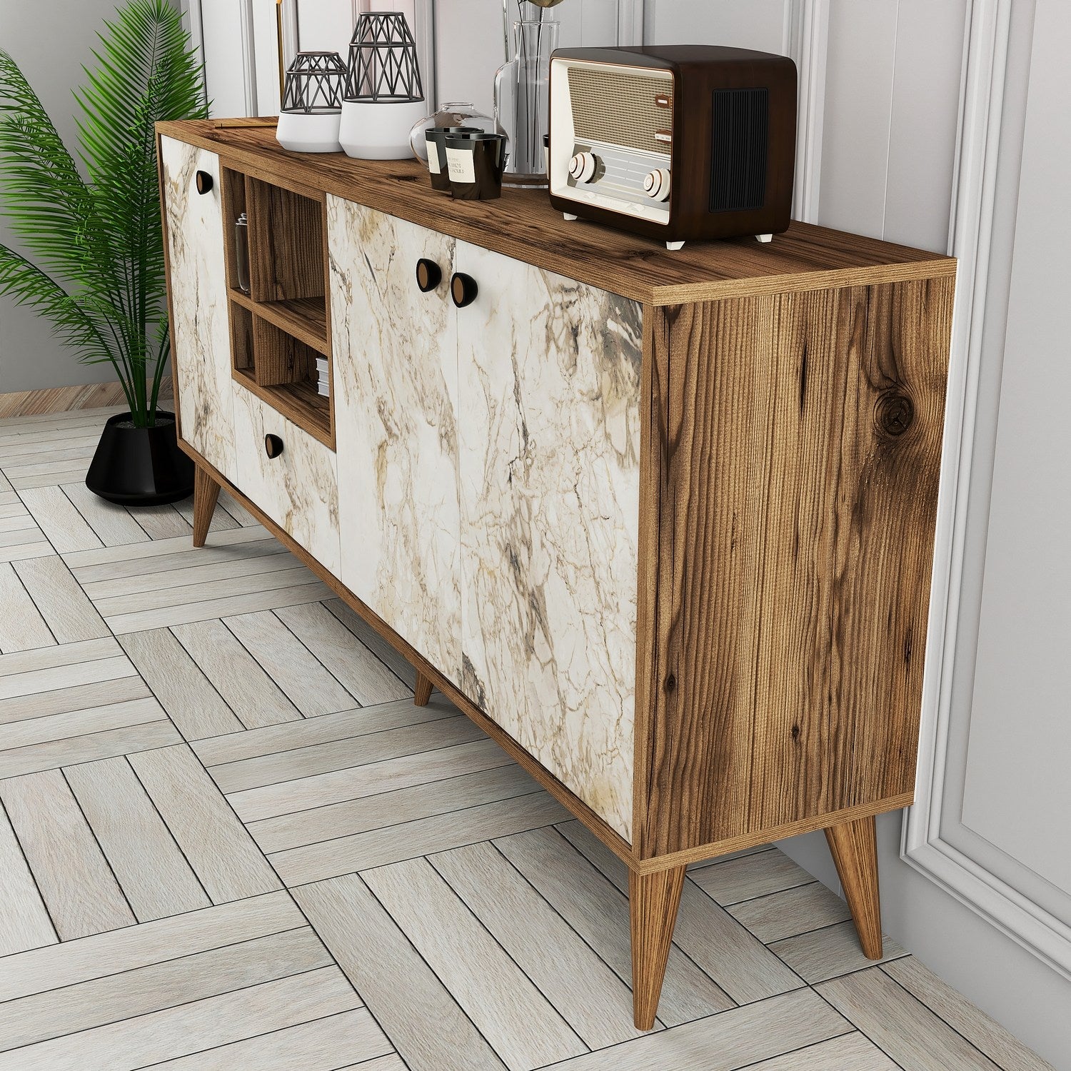 Aparador – 180 x 81 x 35 cm – Mármore Branco e Nogueira – 100% Melamina