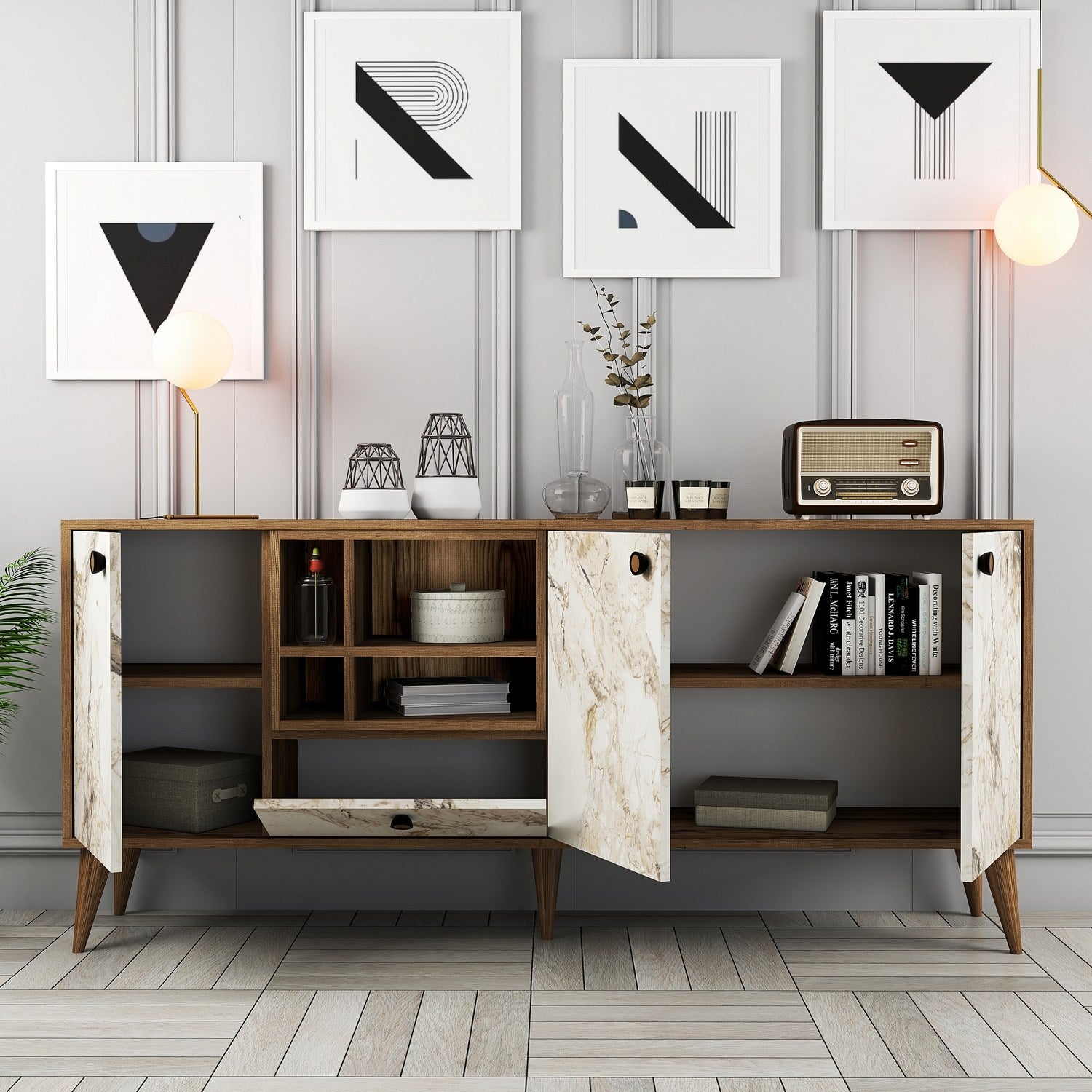 Aparador – 180 x 81 x 35 cm – Mármore Branco e Nogueira – 100% Melamina