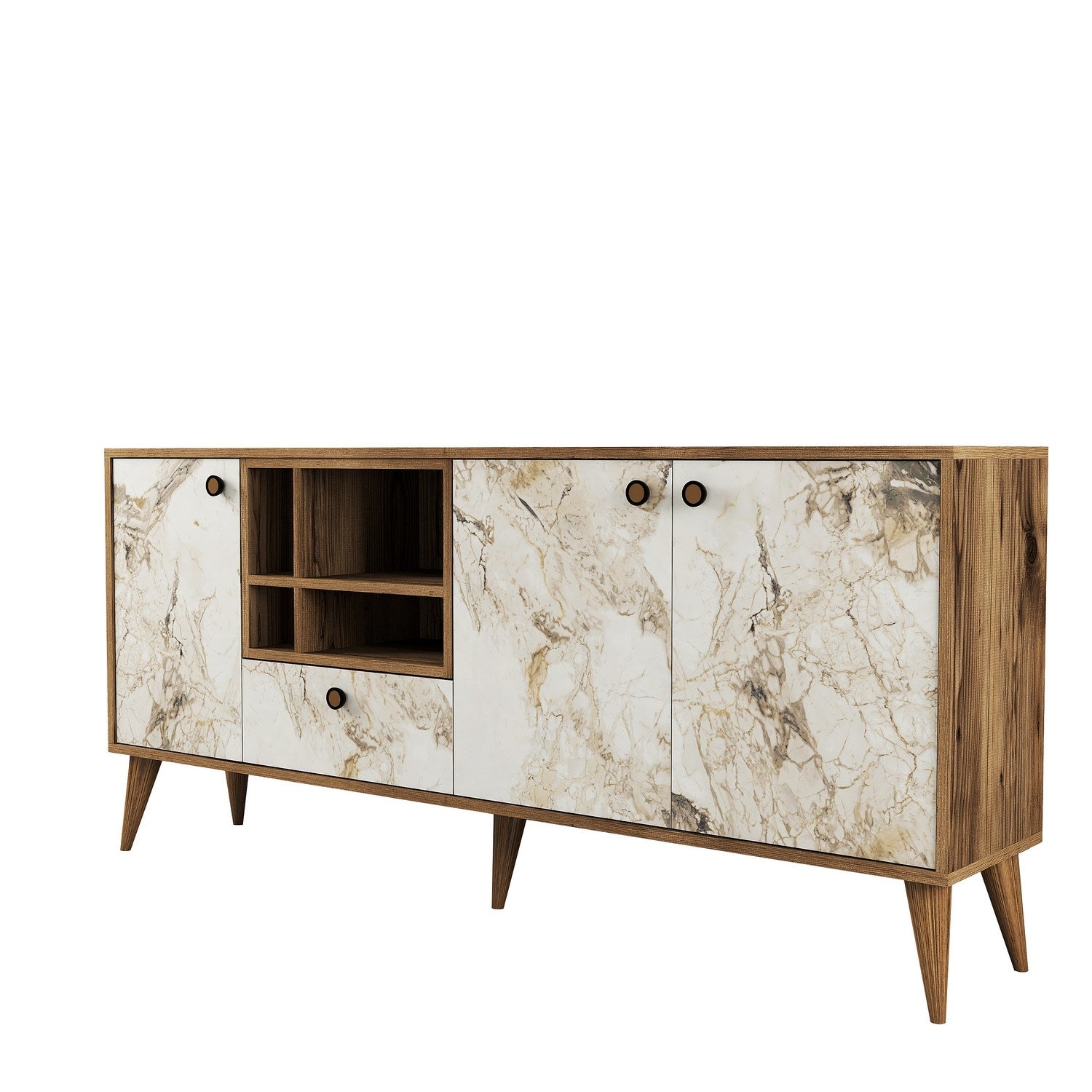 Aparador – 180 x 81 x 35 cm – Mármore Branco e Nogueira – 100% Melamina