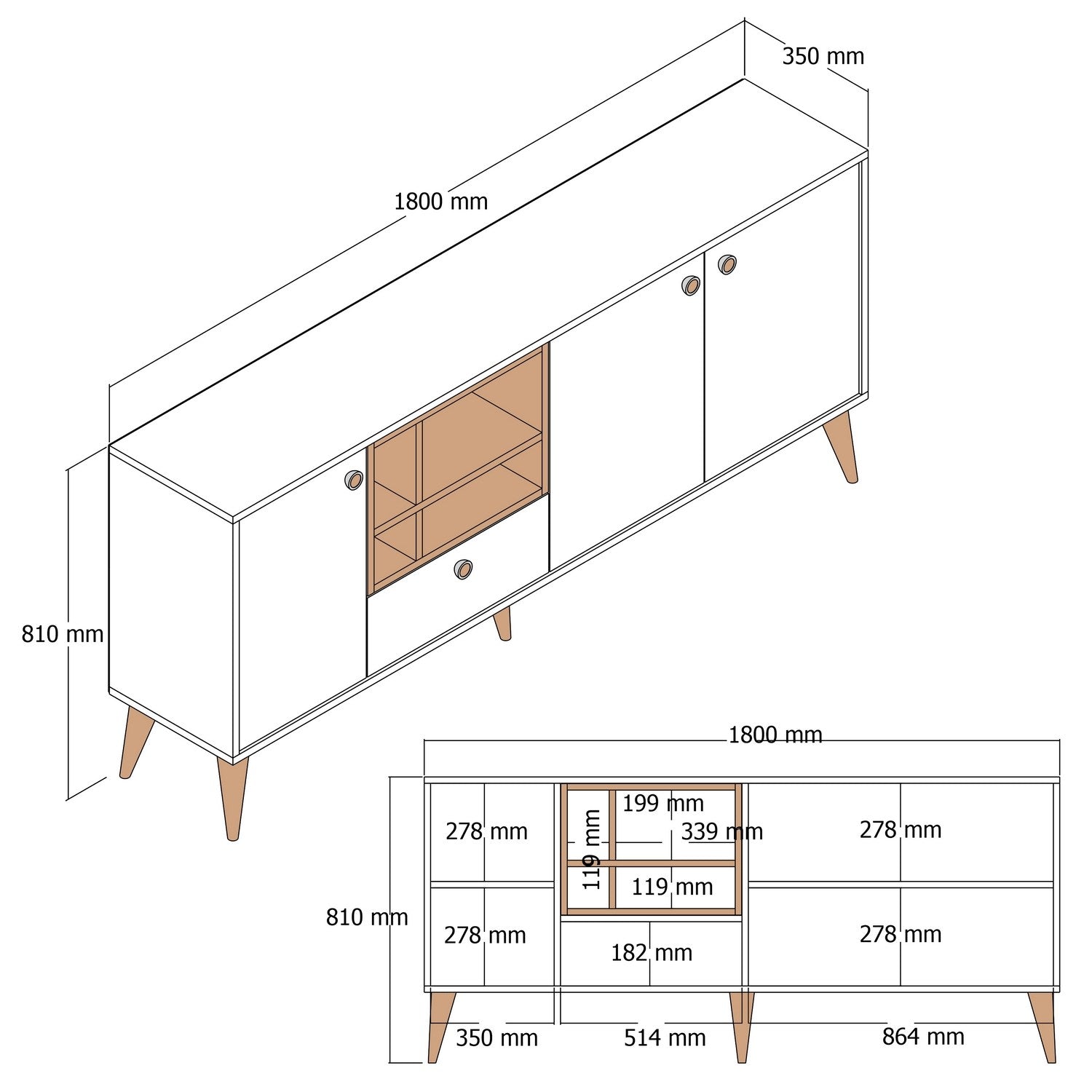 Aparador – 180 x 81 x 35 cm – Mármore Branco e Nogueira – 100% Melamina