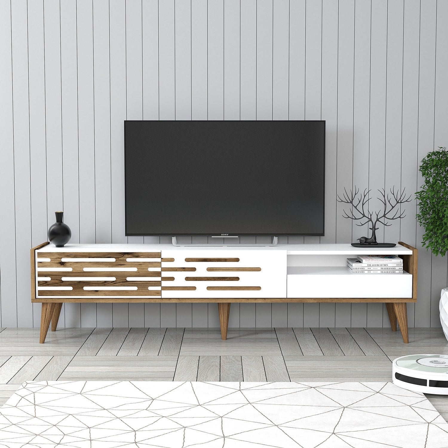 Móvel de TV elegante – 180 x 35 x 45 cm – nogueira e branco – painel de partículas revestido a melamina