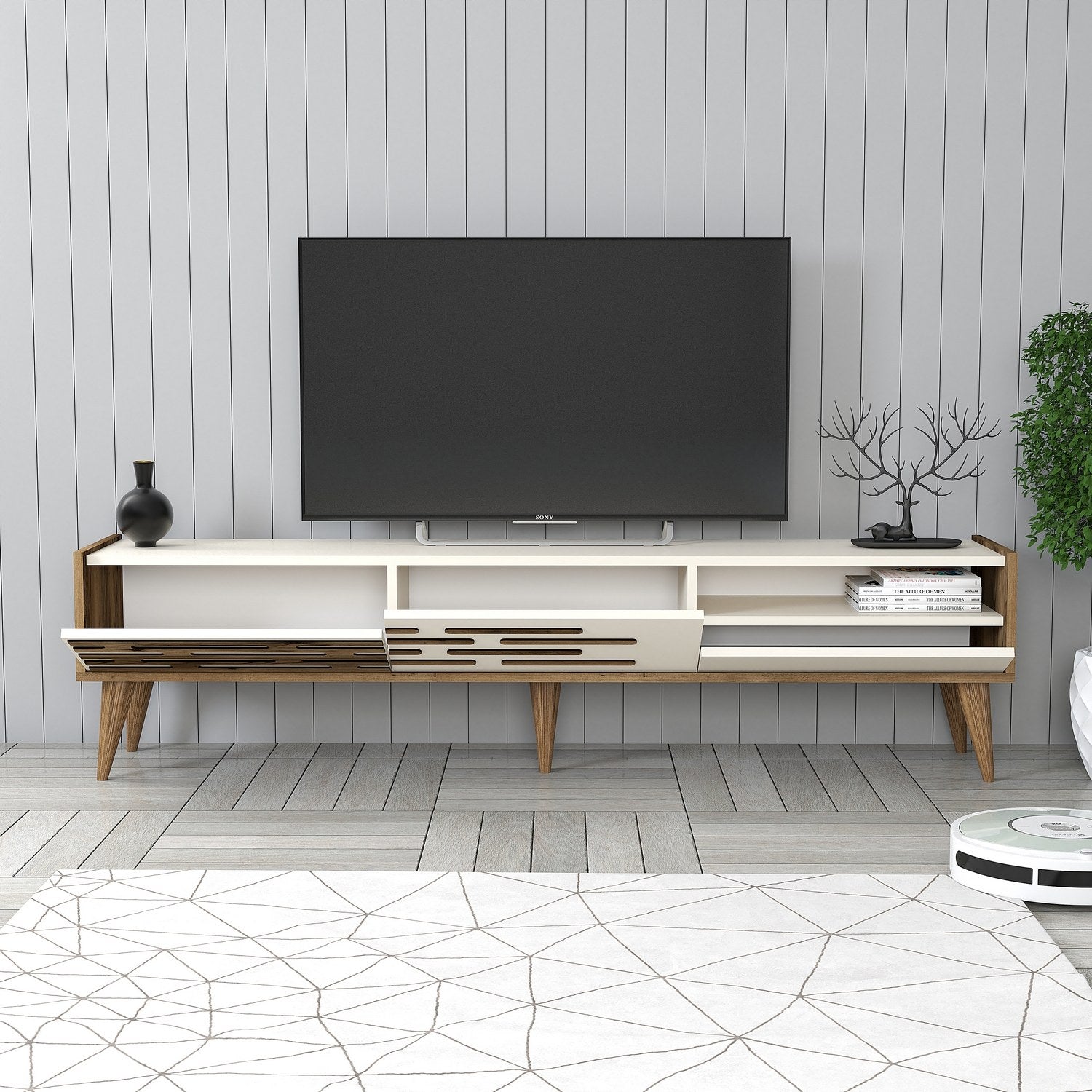 Móvel de TV – 180 x 35 x 45 cm – Nogueira e creme – Painel de partículas revestido a melamina