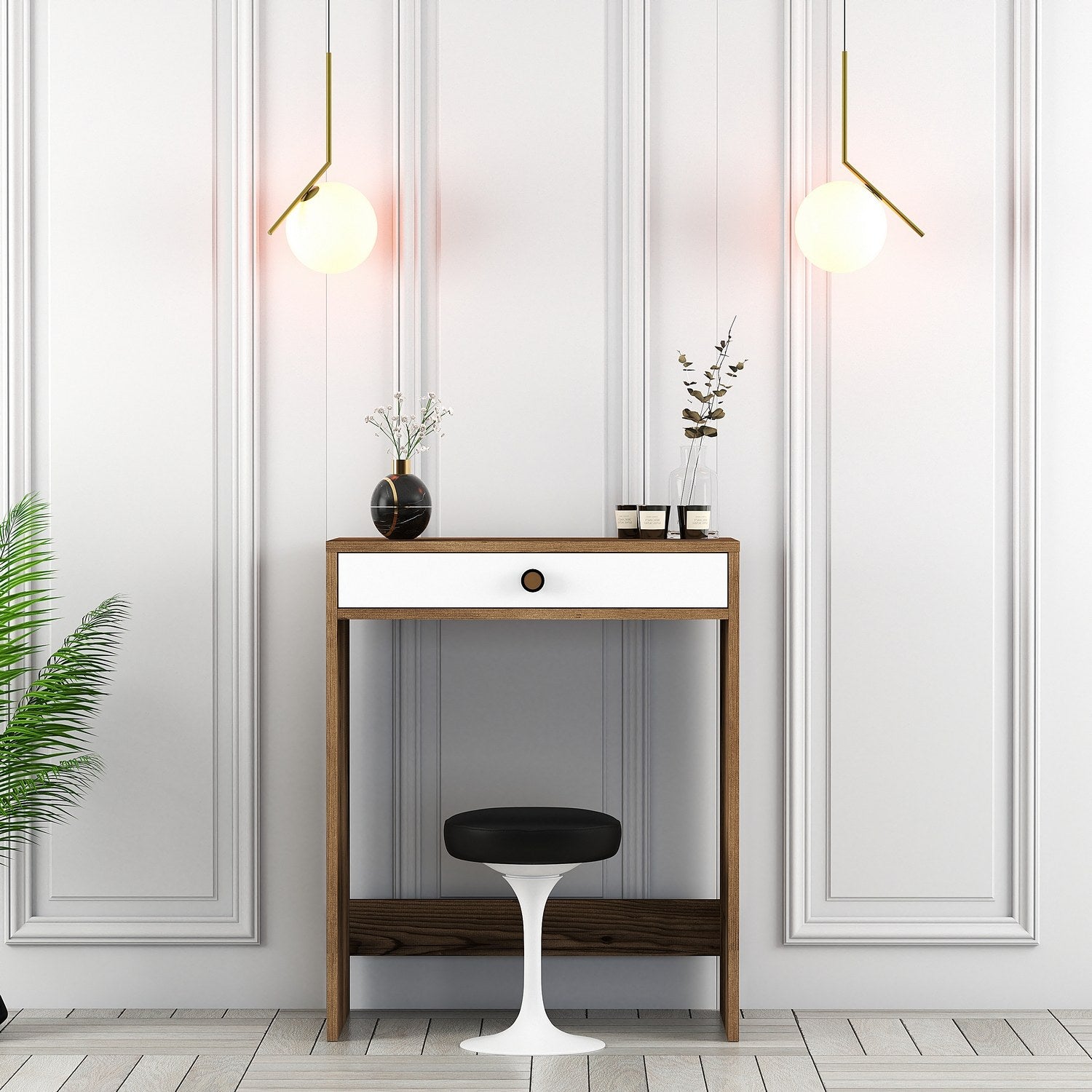 Toucador – 70 cm x 40 cm x 84,7 cm – Nogueira e Branca – Painel de partículas revestido a melamina
