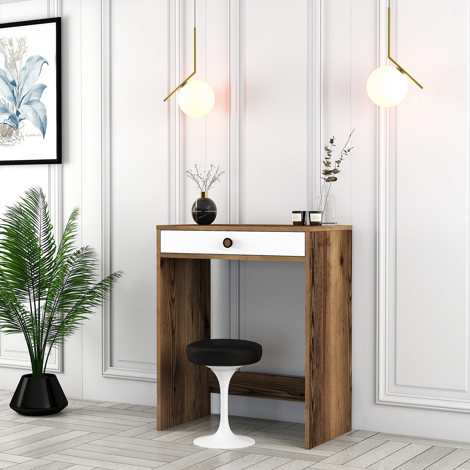 Toucador – 70 cm x 40 cm x 84,7 cm – Nogueira e Branca – Painel de partículas revestido a melamina