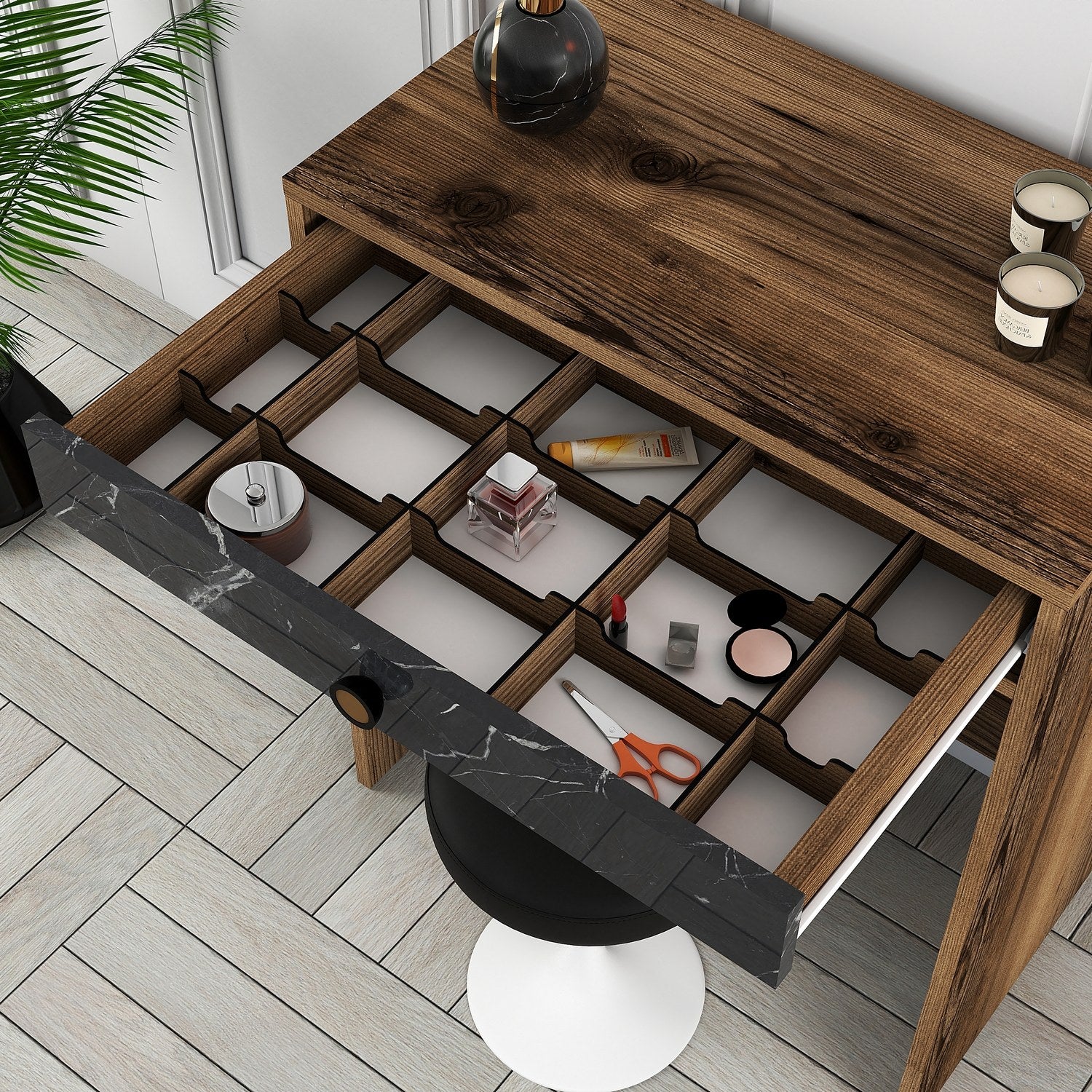 Toucador – 70 cm x 40 cm x 84,7 cm – Nogueira, Preto e Mármore – Melamina