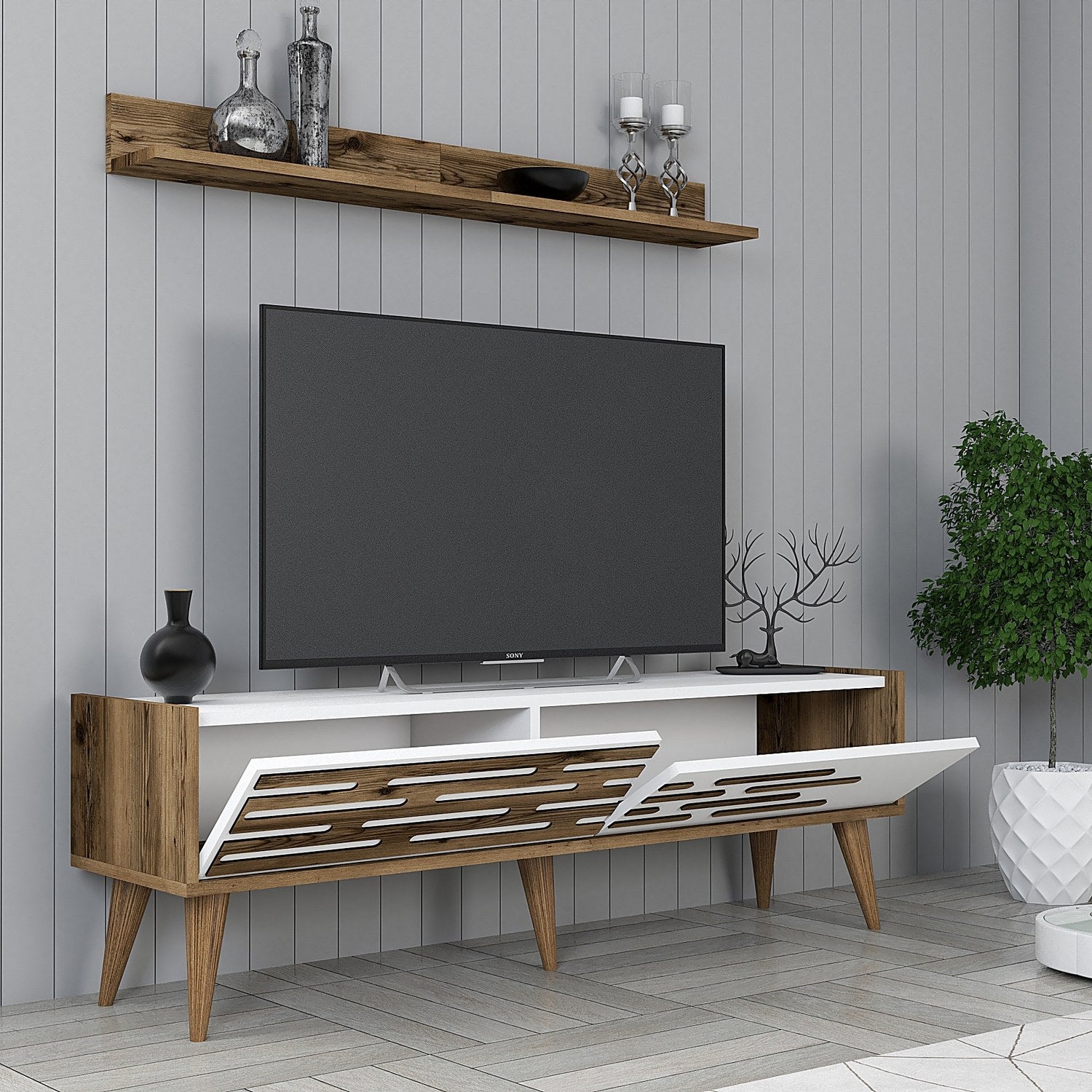 Móvel de TV com prateleira de parede – 140 x 35 x 45 cm – Nogueira e Branco – Melamina