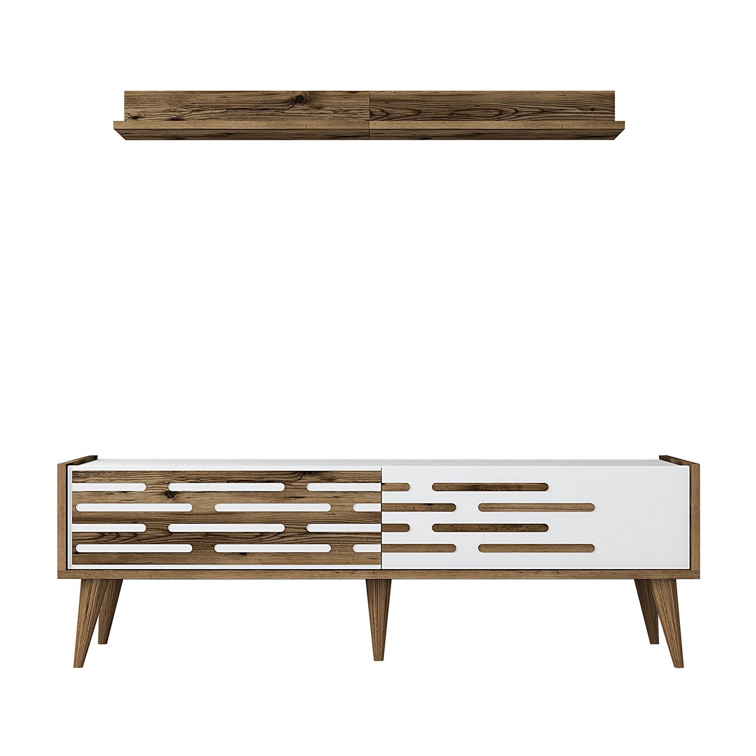 Móvel de TV com prateleira de parede – 140 x 35 x 45 cm – Nogueira e Branco – Melamina