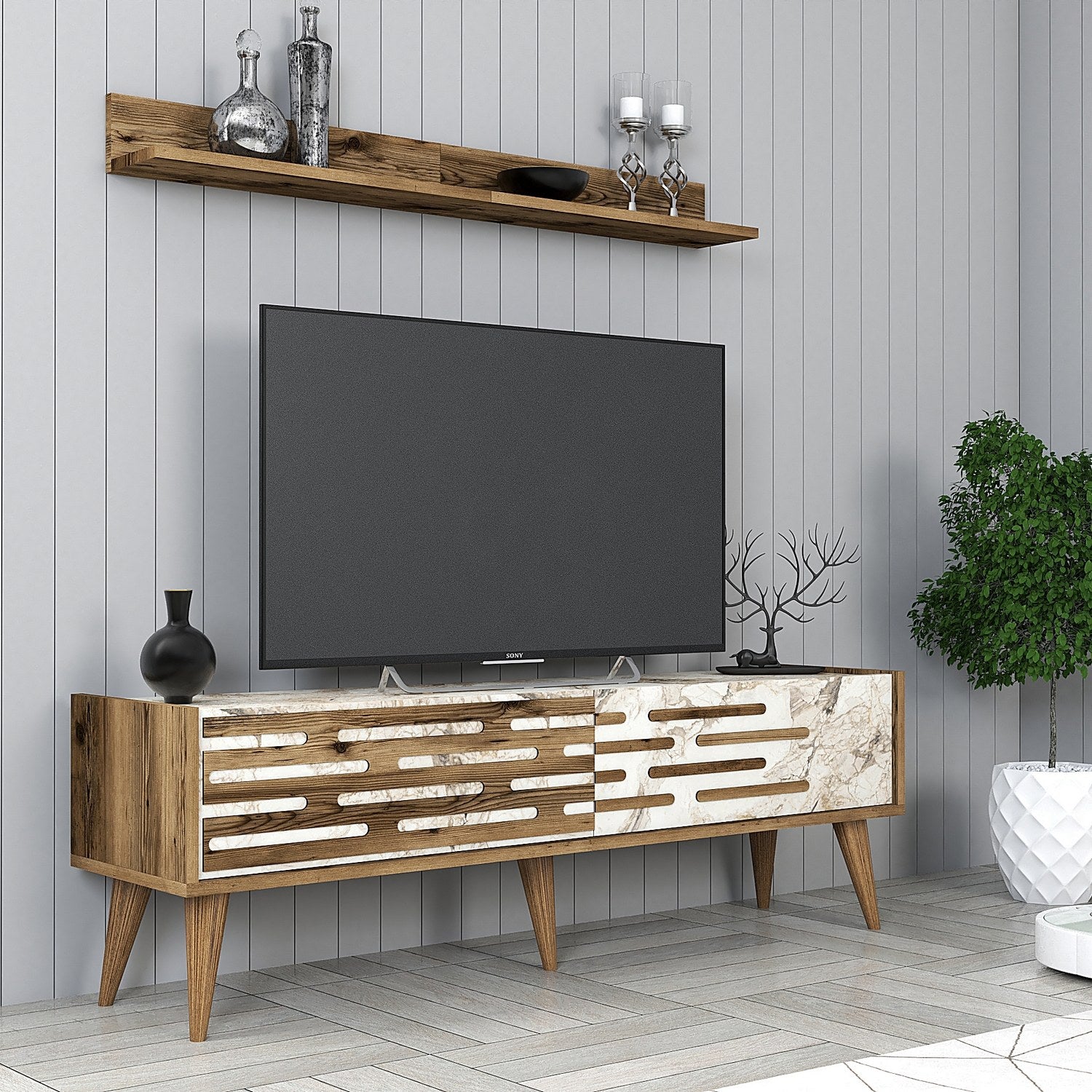 Móvel de TV – 140 cm x 35 cm – Nogueira e Branco/Mármore – 100% painel de partículas revestido a melamina