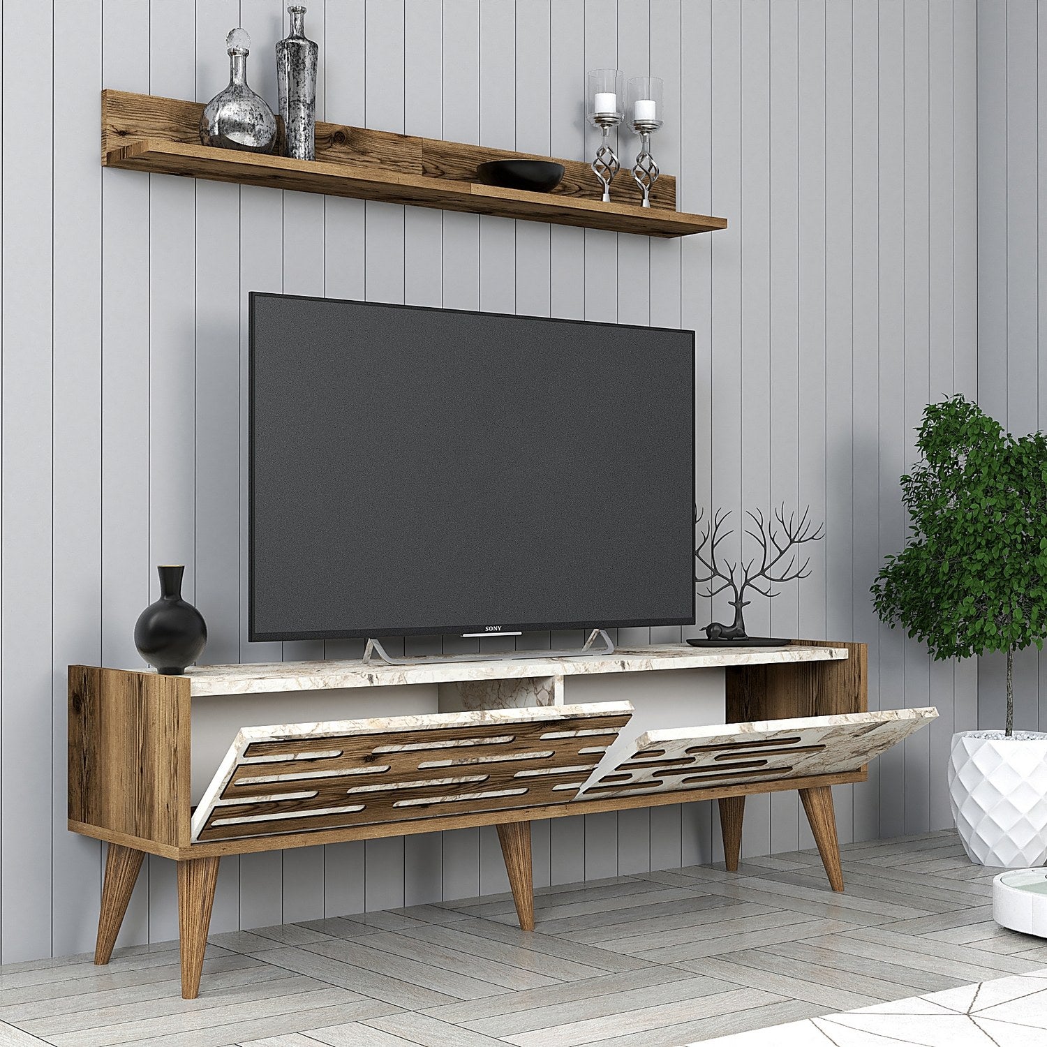 Móvel de TV – 140 cm x 35 cm – Nogueira e Branco/Mármore – 100% painel de partículas revestido a melamina