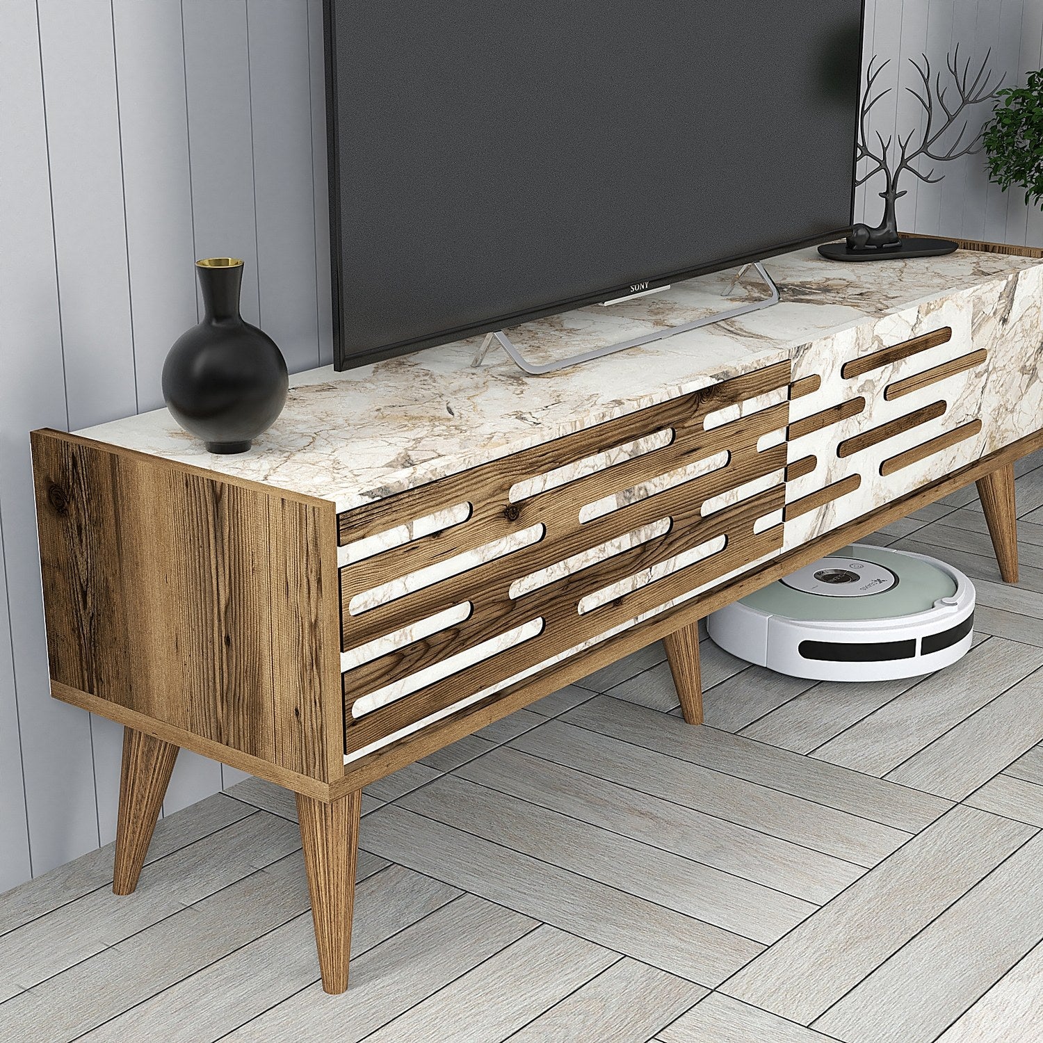Móvel de TV – 140 cm x 35 cm – Nogueira e Branco/Mármore – 100% painel de partículas revestido a melamina