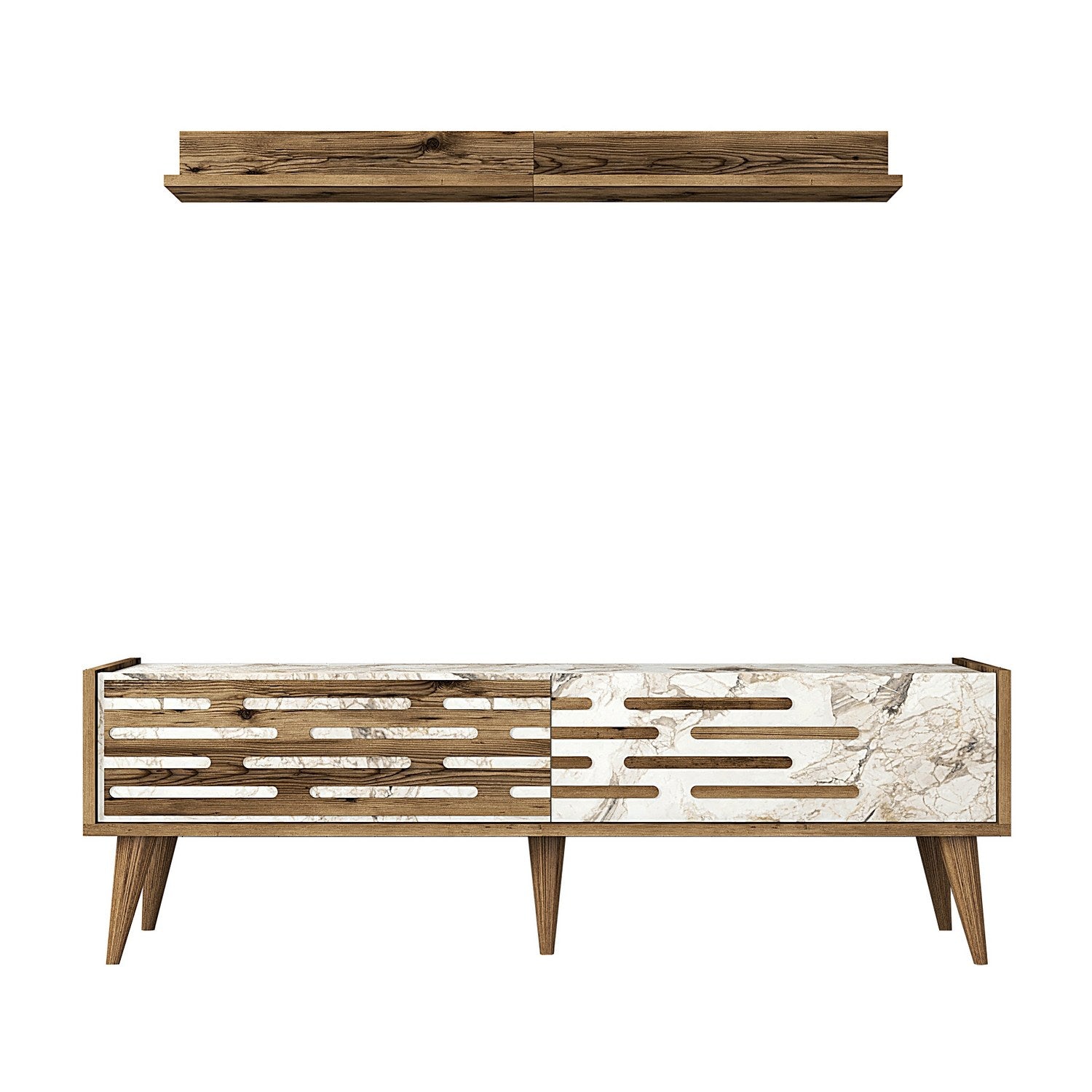 Móvel de TV – 140 cm x 35 cm – Nogueira e Branco/Mármore – 100% painel de partículas revestido a melamina