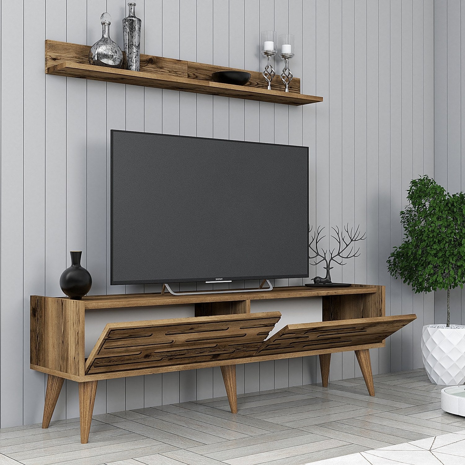 Móvel de TV elegante – 140 cm de largura – nogueira – melamina