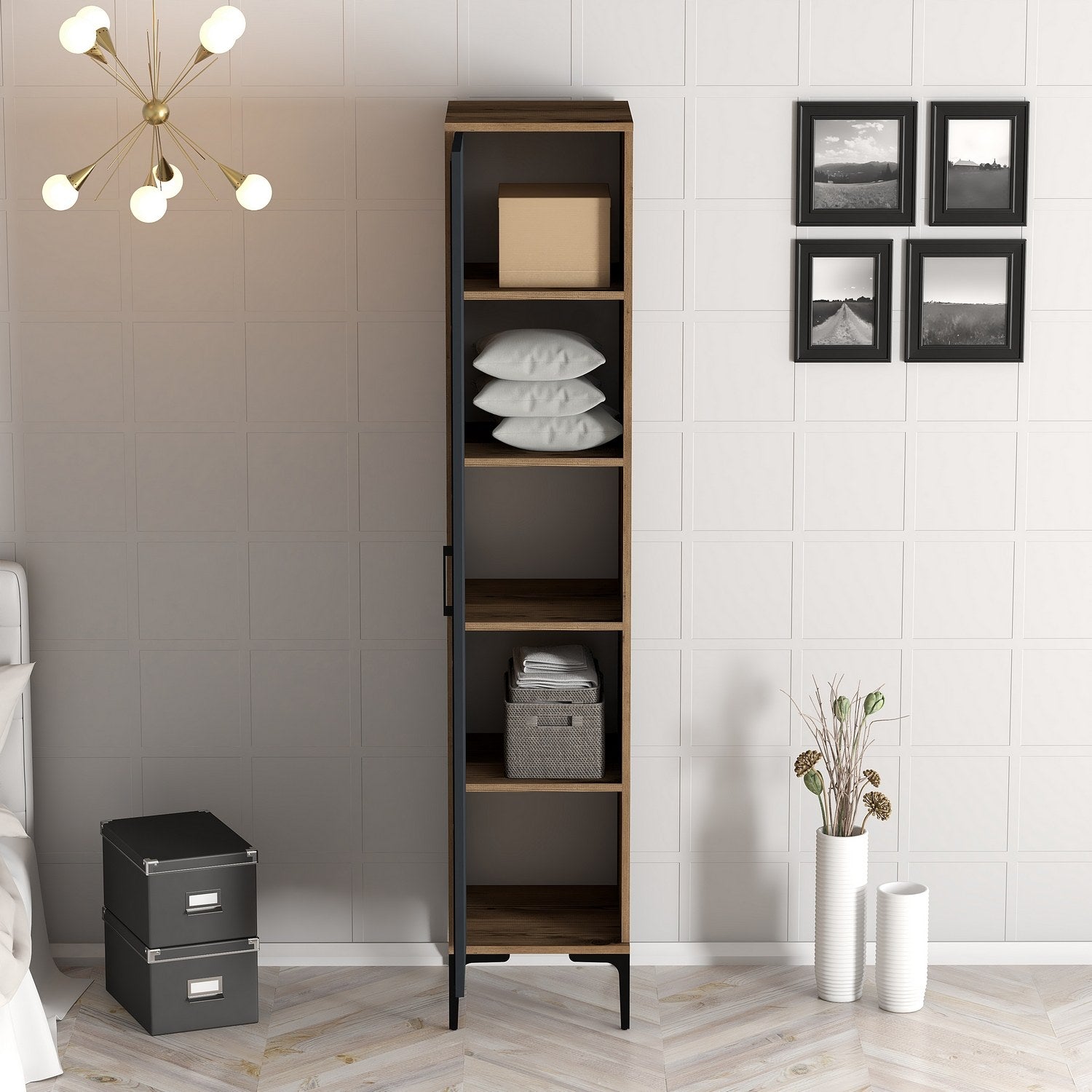 Guarda-roupa elegante – 40 x 47,5 x 201,4 cm – Nogueira e Antracite – Painel de partículas revestido de melamina