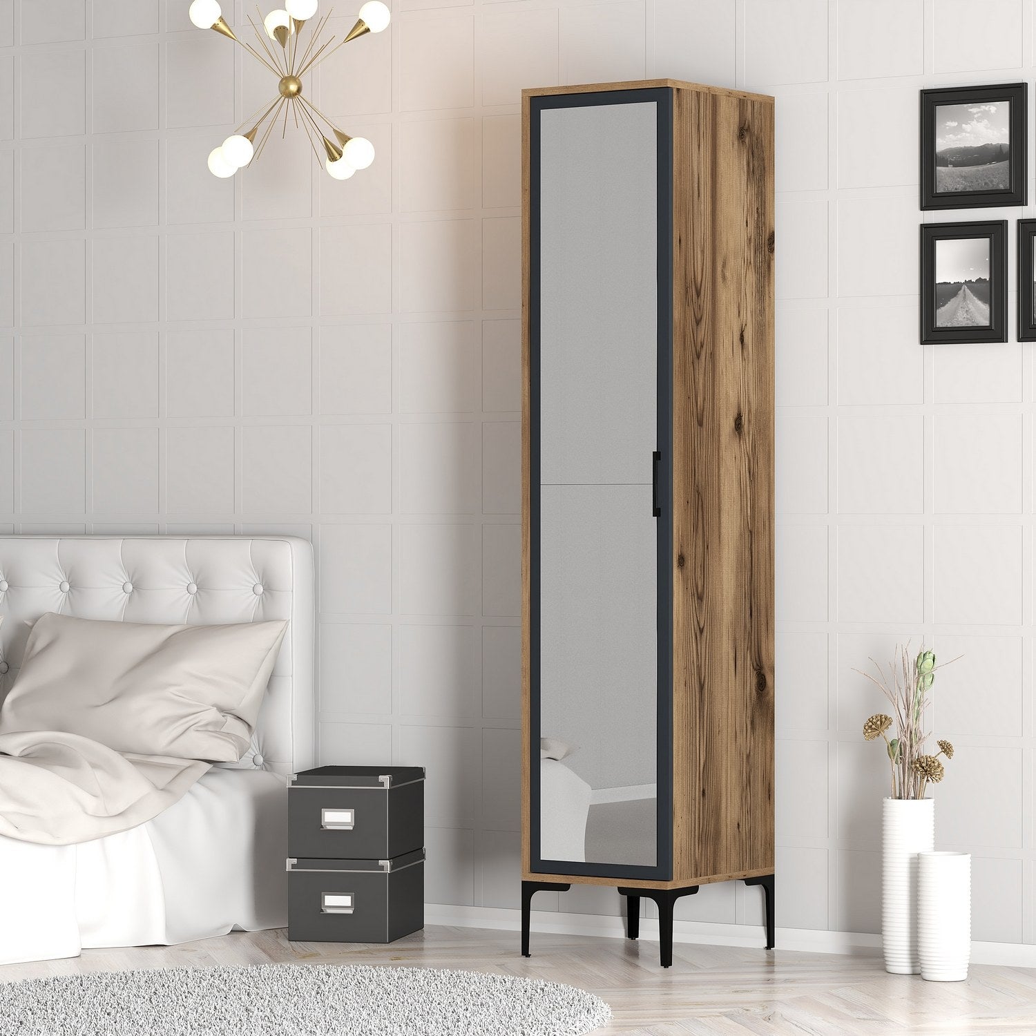 Guarda-roupa elegante – 40 x 47,5 x 201,4 cm – Nogueira e Antracite – Painel de partículas revestido de melamina