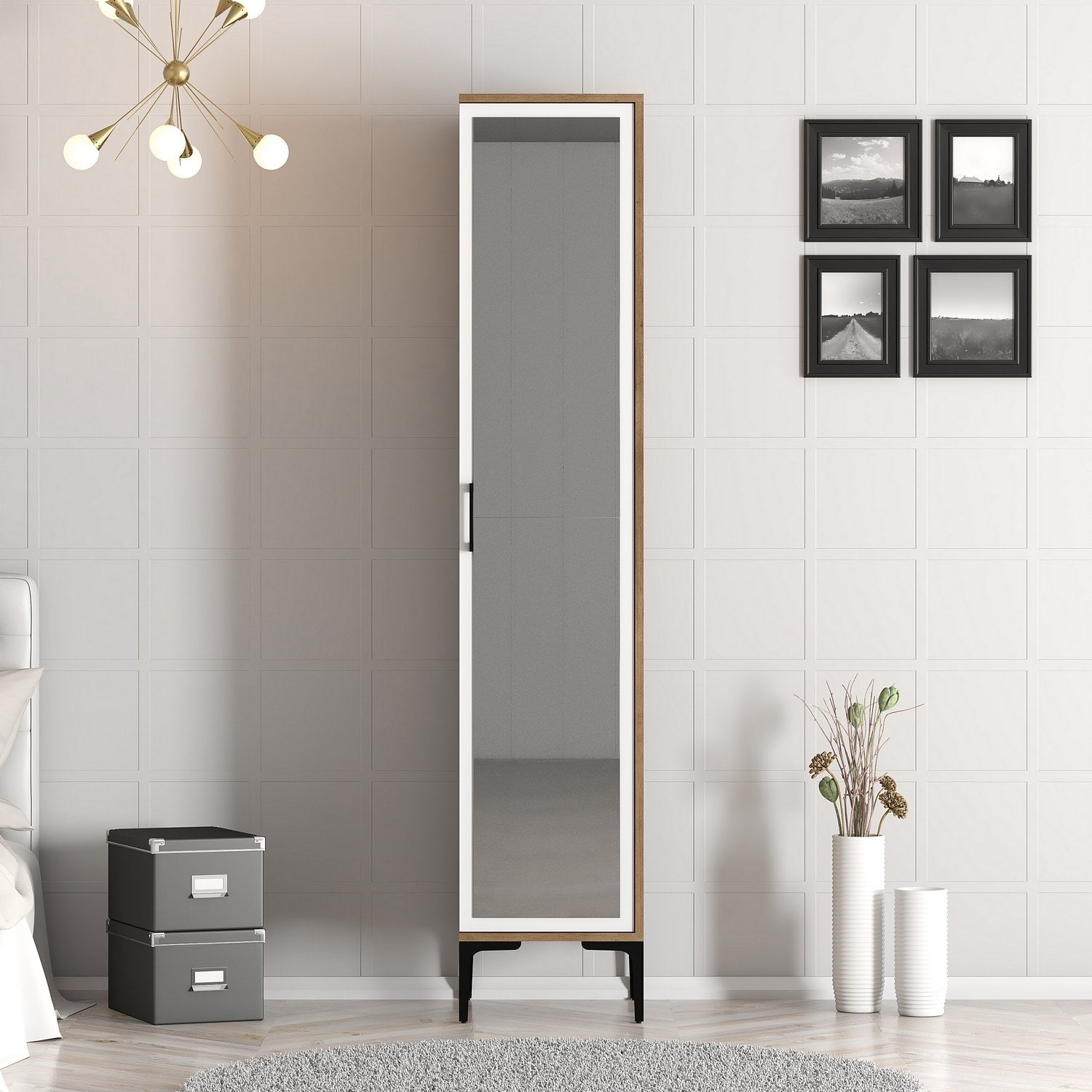 Guarda-roupa – 40 cm de largura x 201,4 cm de profundidade x 47,5 cm de altura – Nogueira e branco – Painel de partículas revestido em melamina