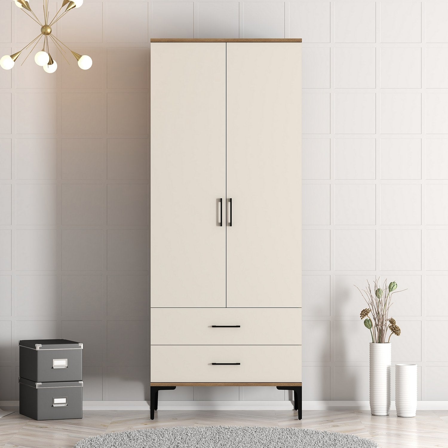 Guarda-roupa elegante – 80 cm de largura x 201,4 cm de profundidade – cor nogueira e creme – material partículas revestidas em melamina