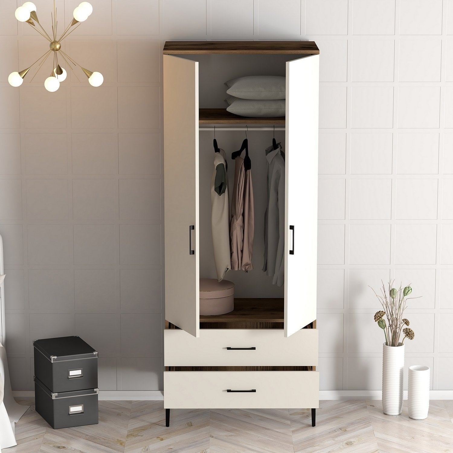 Guarda-roupa elegante – 80 cm de largura x 201,4 cm de profundidade – cor nogueira e creme – material partículas revestidas em melamina