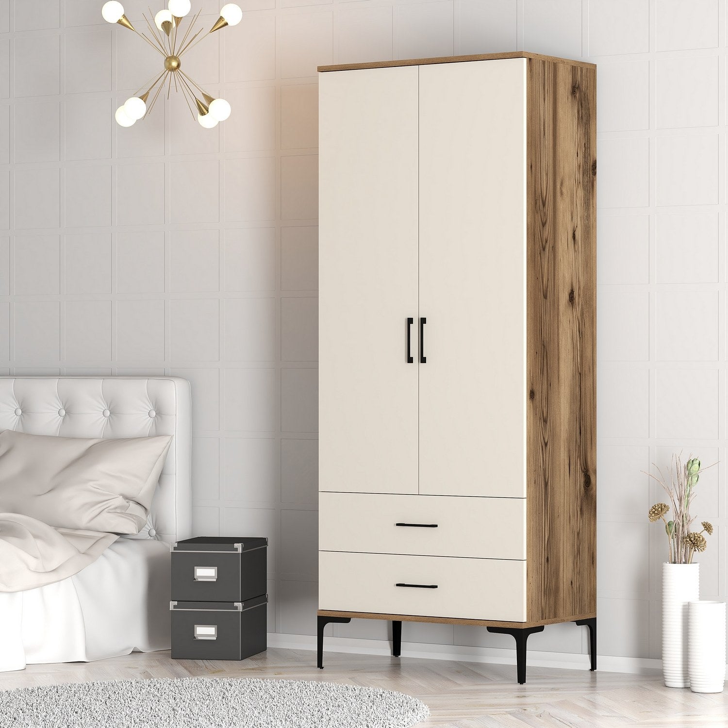 Guarda-roupa elegante – 80 cm de largura x 201,4 cm de profundidade – cor nogueira e creme – material partículas revestidas em melamina