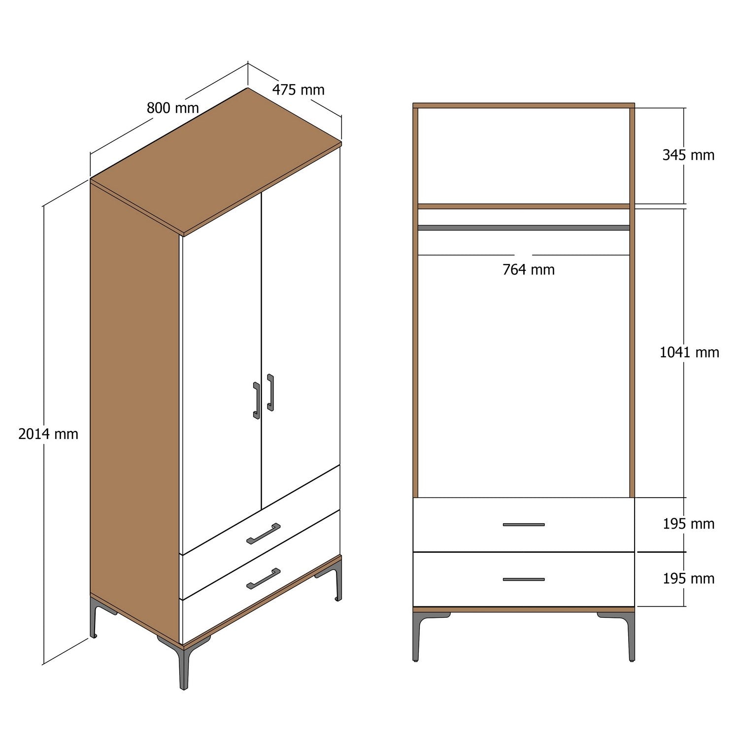 Guarda-roupa elegante – 80 cm de largura x 201,4 cm de profundidade – cor nogueira e creme – material partículas revestidas em melamina