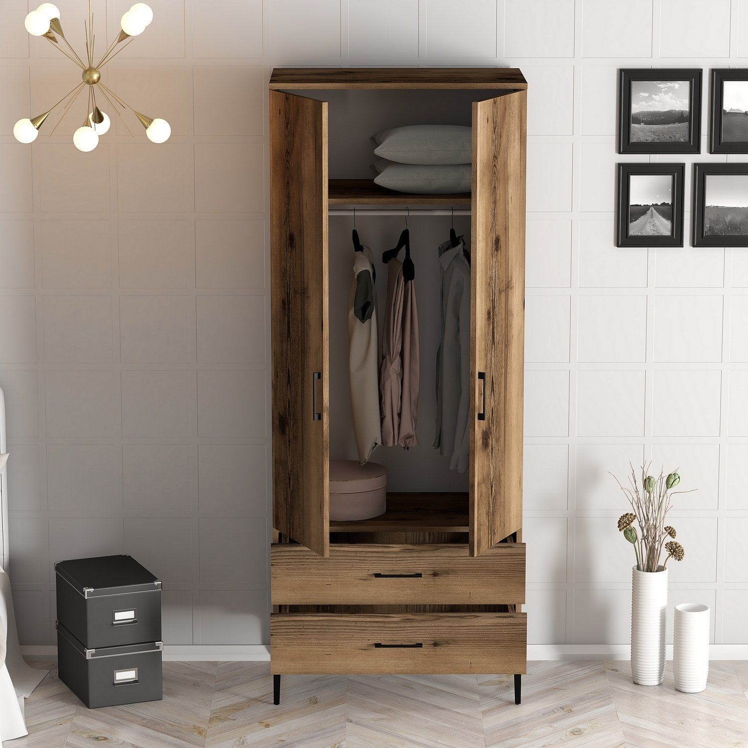 Guarda-roupa – 80 cm x 201,4 cm x 47,5 cm – Cor de nogueira – Painel de partículas revestido em melamina