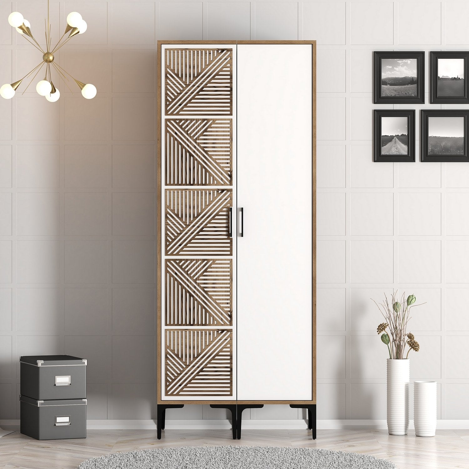 Guarda-roupa elegante – 80 cm L x 47,5 cm A x 201,4 cm P – nogueira e branco – painel de partículas com revestimento de melamina