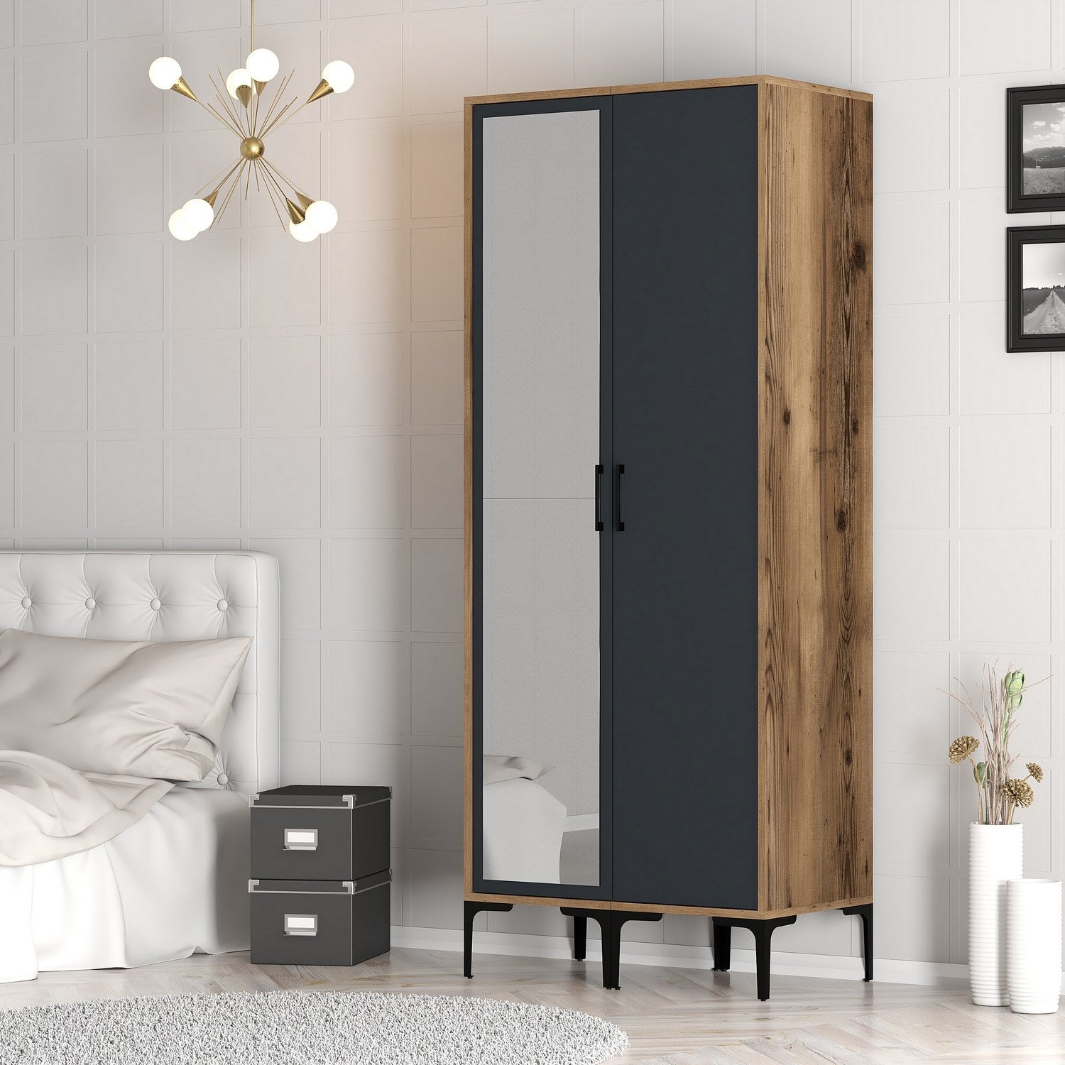Guarda-roupa elegante – 80 cm x 201,4 cm x 47,5 cm – nogueira e antracite – painel de partículas revestido a melamina
