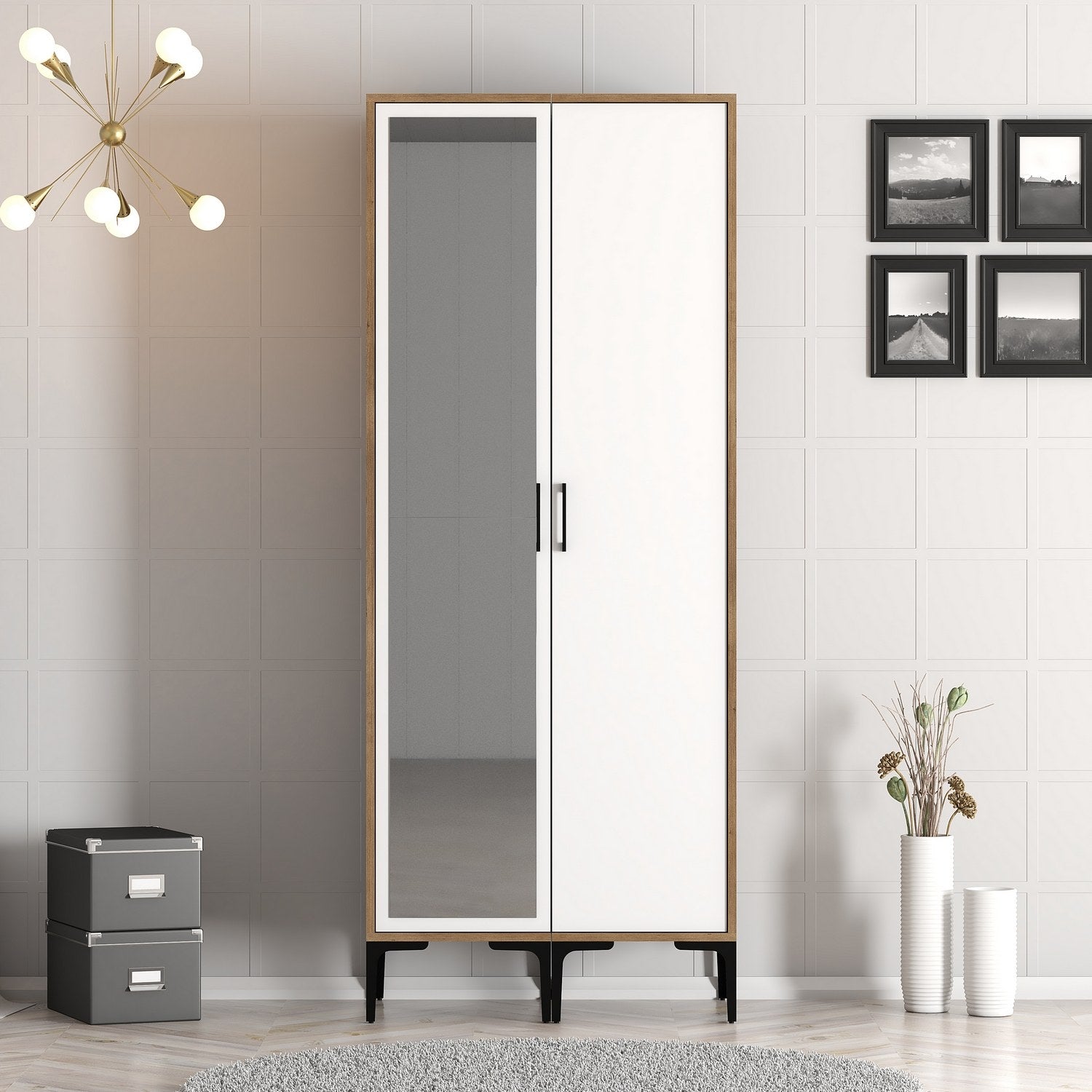 Guarda-roupa – 80 cm L x 47,5 cm A x 201,4 cm P – Nogueira e Branco – Painel de partículas revestido a melamina