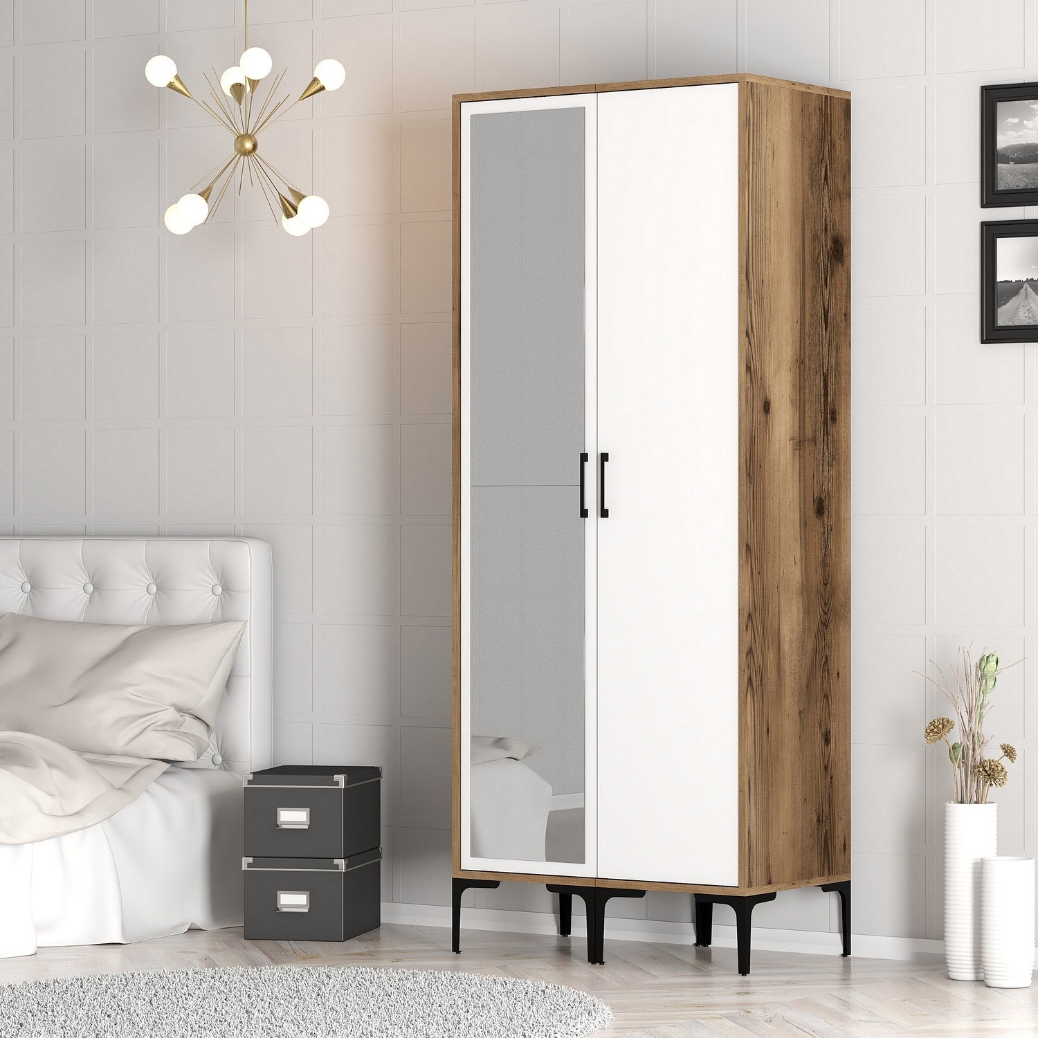 Guarda-roupa – 80 cm L x 47,5 cm A x 201,4 cm P – Nogueira e Branco – Painel de partículas revestido a melamina