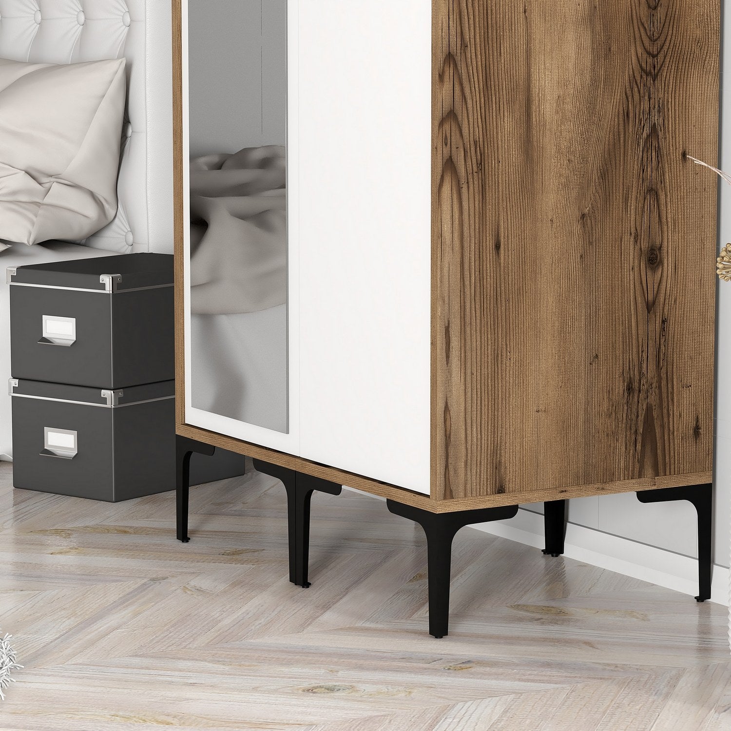 Guarda-roupa – 80 cm L x 47,5 cm A x 201,4 cm P – Nogueira e Branco – Painel de partículas revestido a melamina