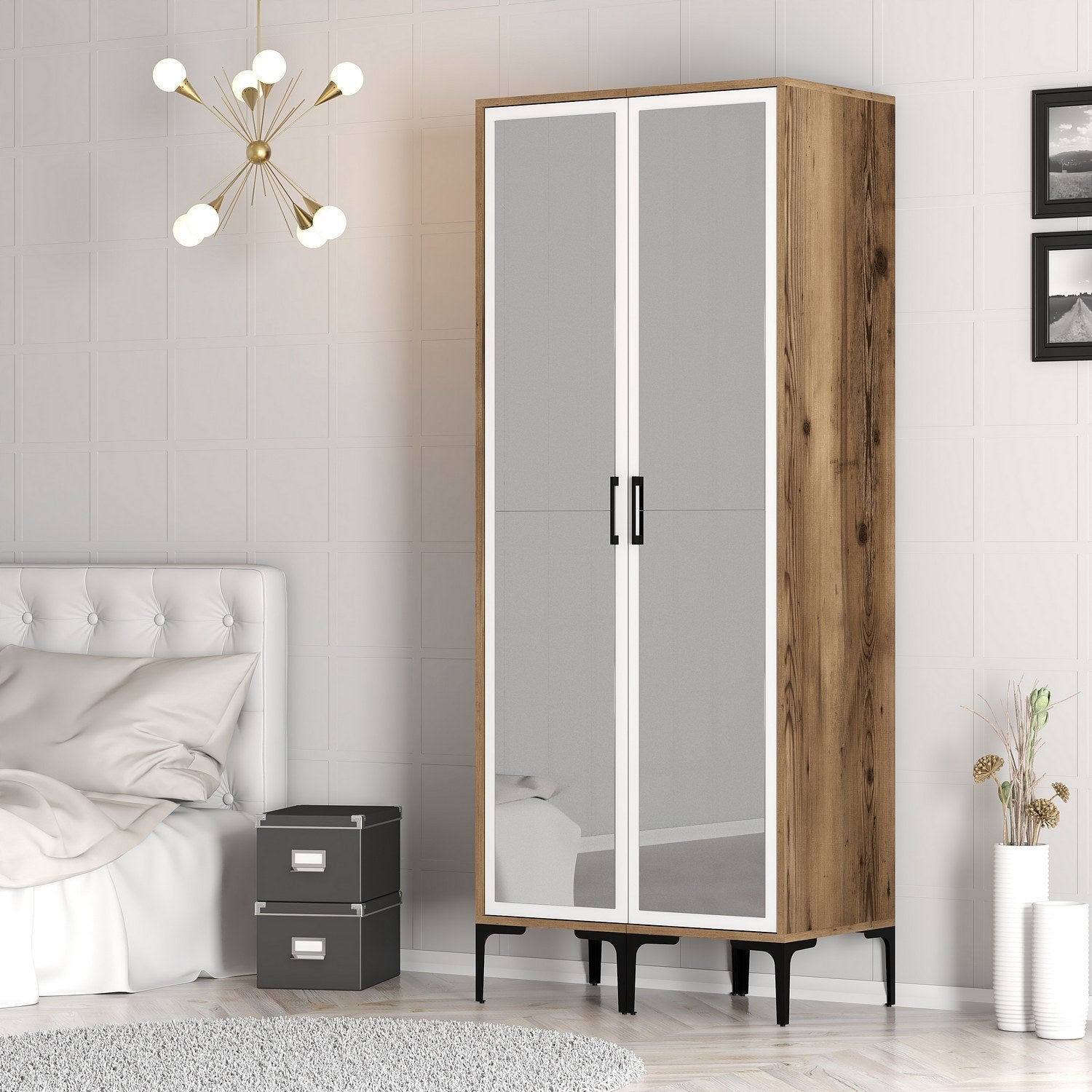 Guarda-roupa elegante – 80 cm L x 47,5 cm A x 201,4 cm P – nogueira e branco – painel de partículas revestido a melamina