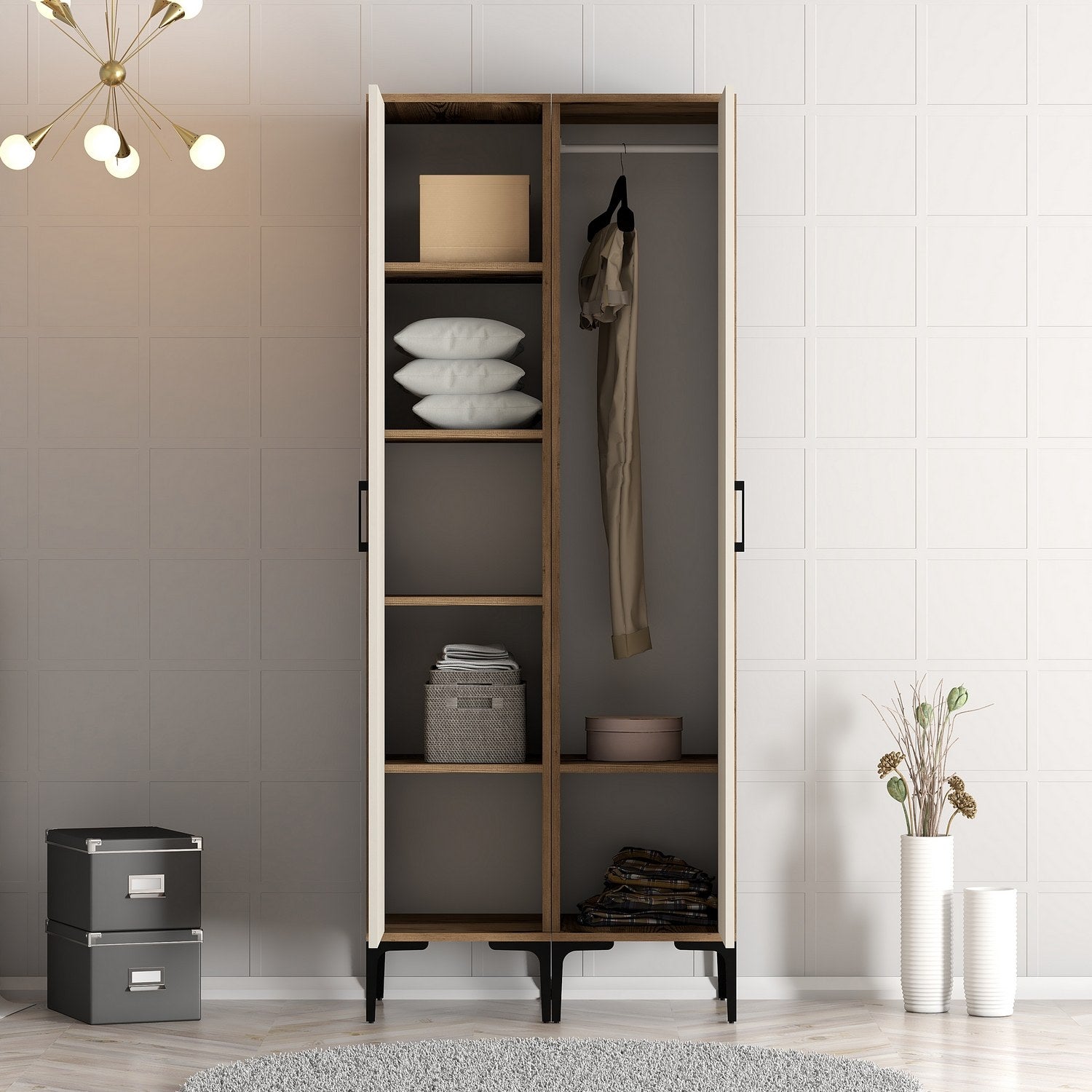 Guarda-roupa elegante – 80 cm x 201,4 cm – nogueira e creme – painel de partículas revestido a melamina