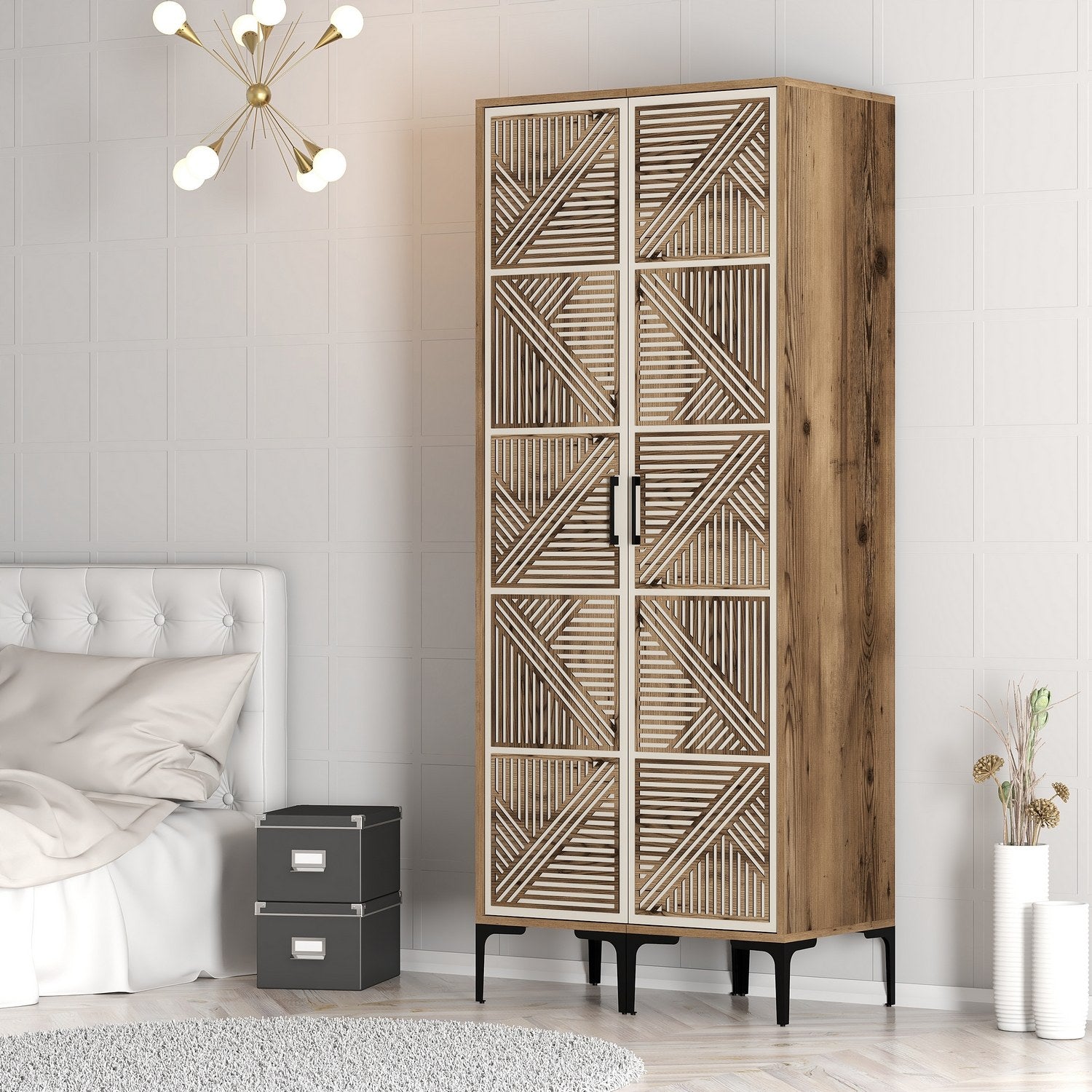Guarda-roupa elegante – 80 cm x 201,4 cm – nogueira e creme – painel de partículas revestido a melamina