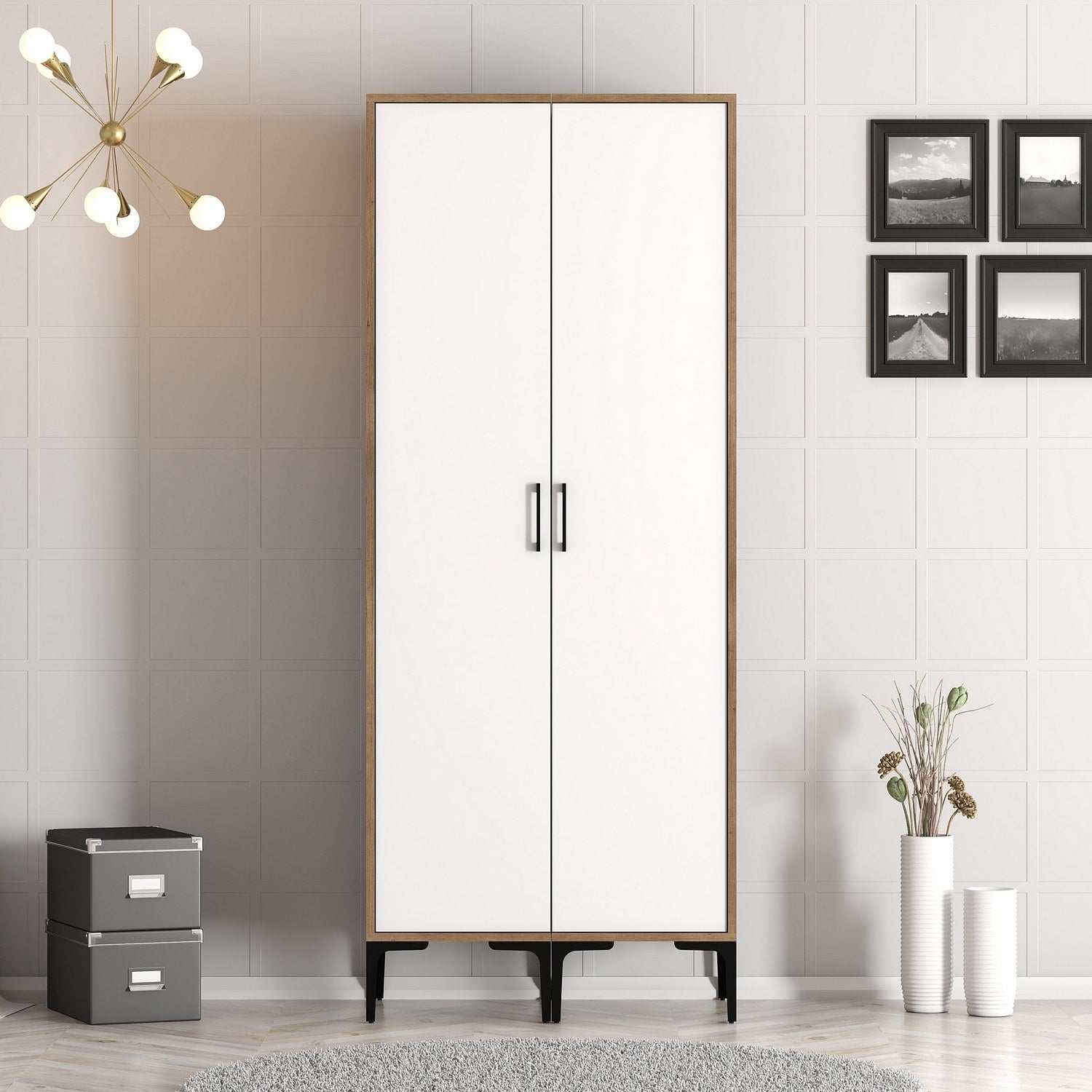 Guarda-roupa elegante – 80 cm L x 47,5 cm A x 201,4 cm P – nogueira e branco – melamina