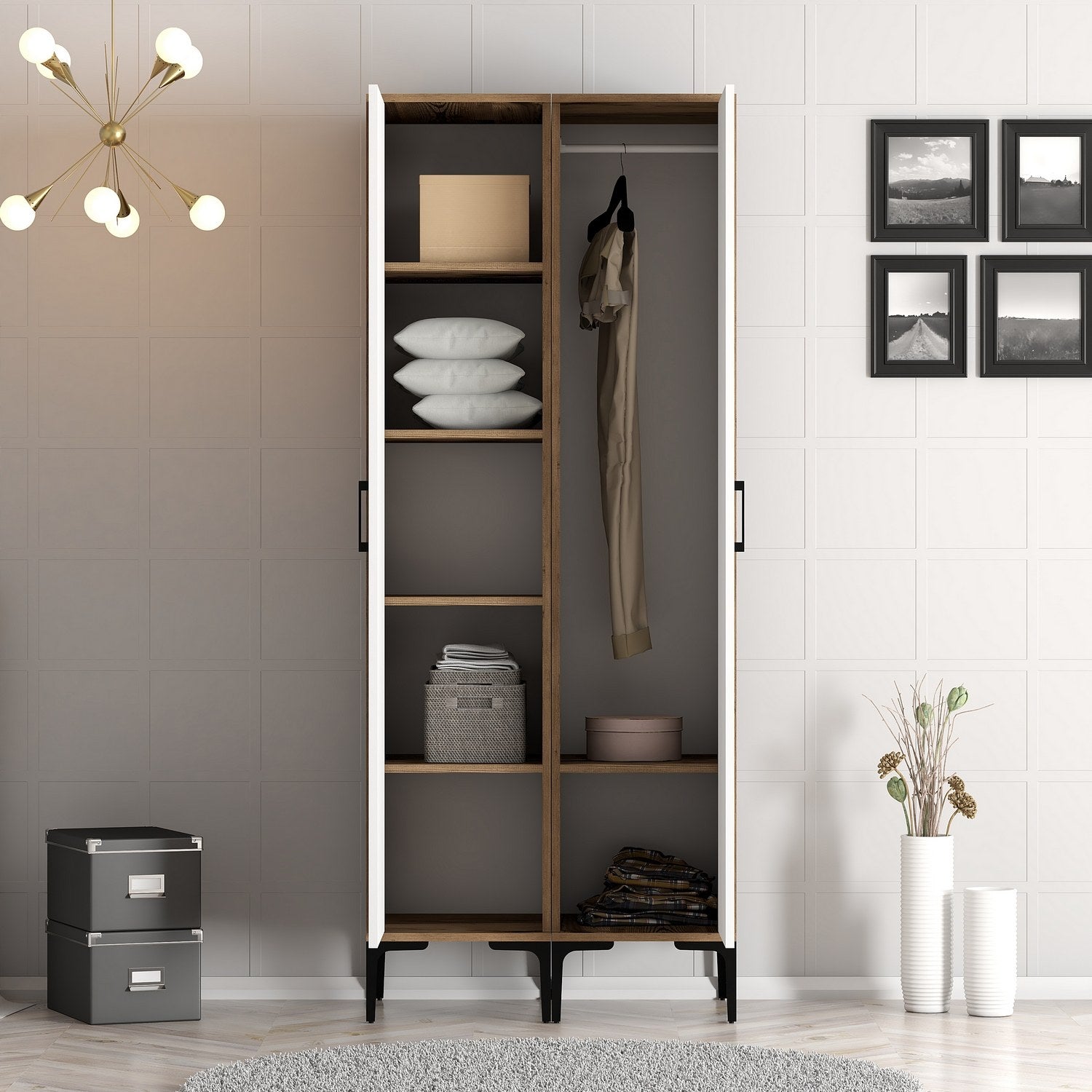 Guarda-roupa elegante – 80 cm L x 47,5 cm A x 201,4 cm P – nogueira e branco – melamina