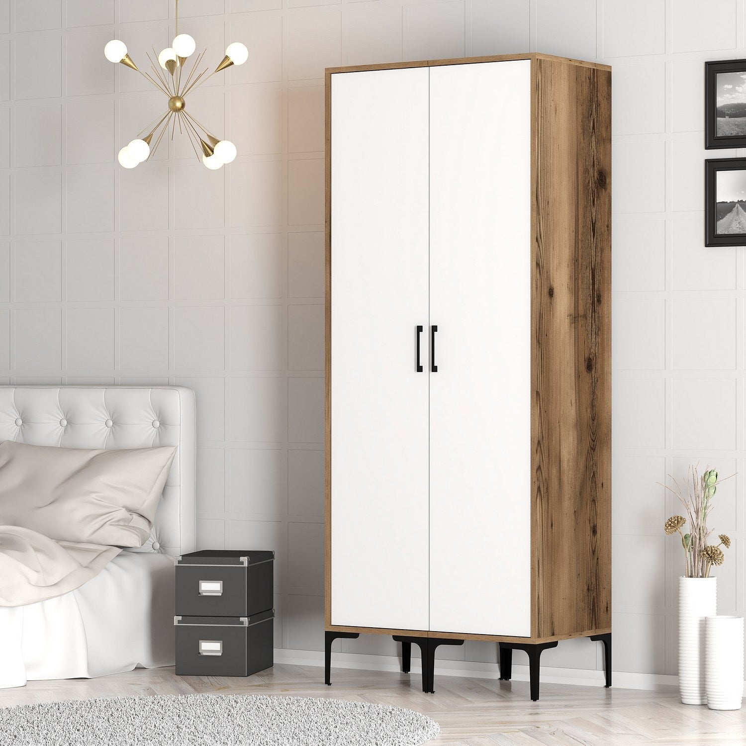 Guarda-roupa elegante – 80 cm L x 47,5 cm A x 201,4 cm P – nogueira e branco – melamina