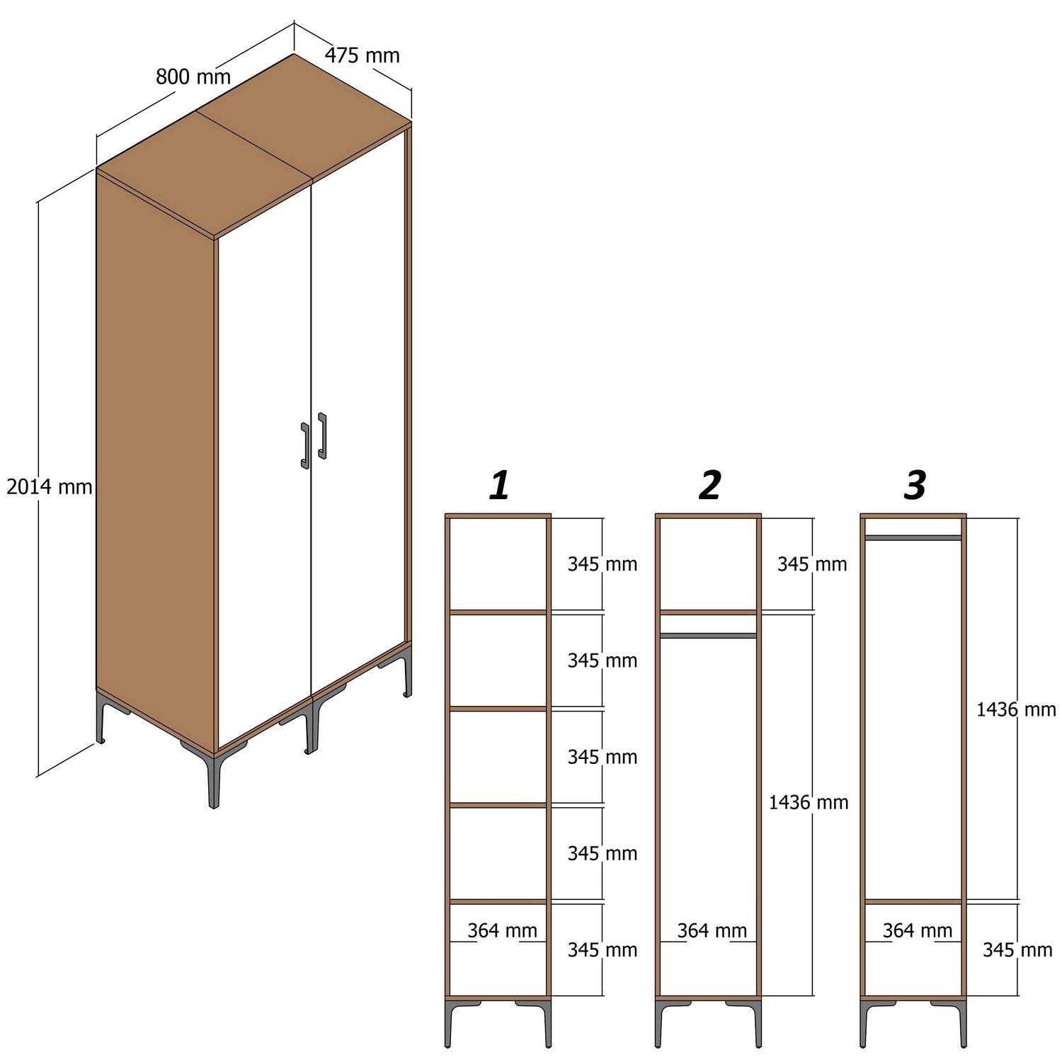 Guarda-roupa elegante – 80 cm L x 47,5 cm A x 201,4 cm P – nogueira e branco – melamina