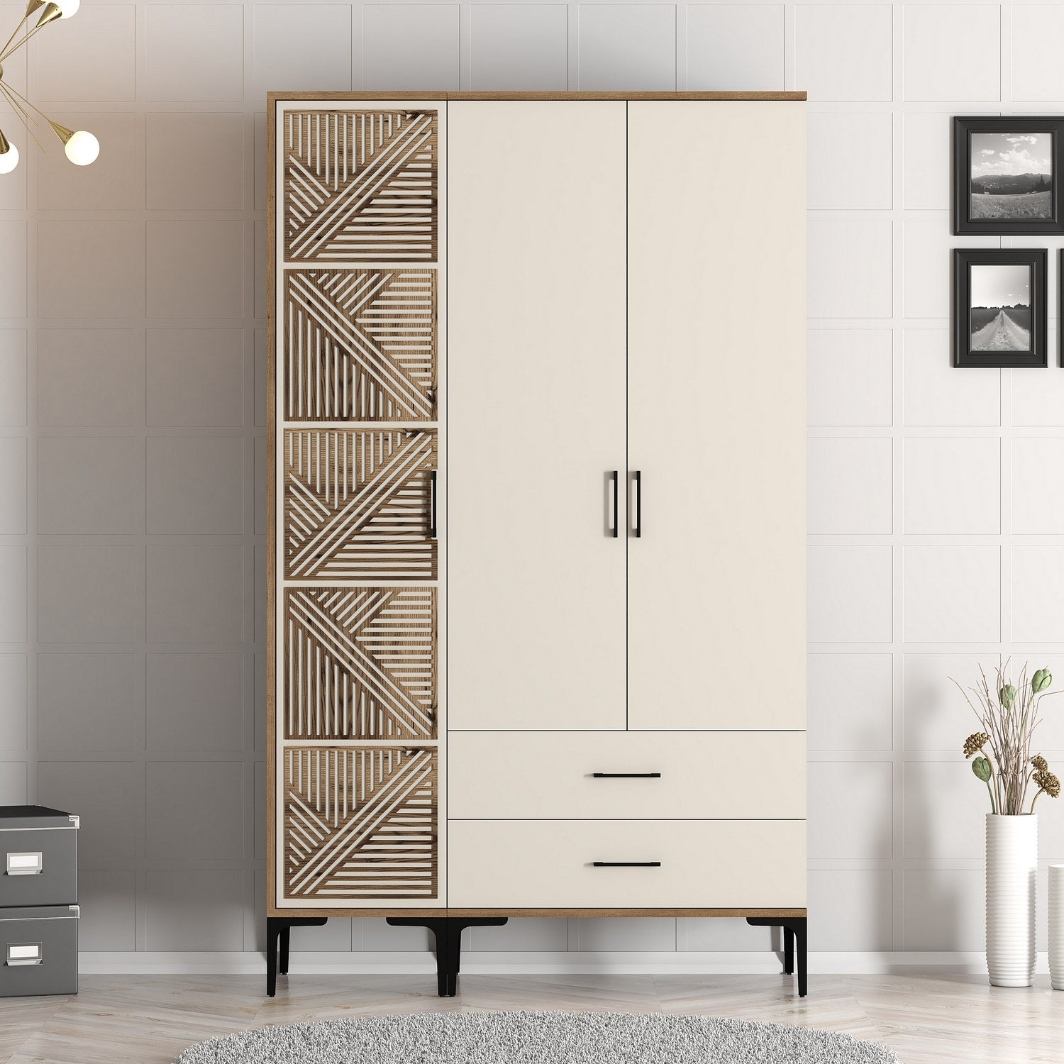 Guarda-roupa elegante – 120 cm x 201,4 cm x 47,5 cm – creme e nogueira – painéis de partículas revestidos em melamina