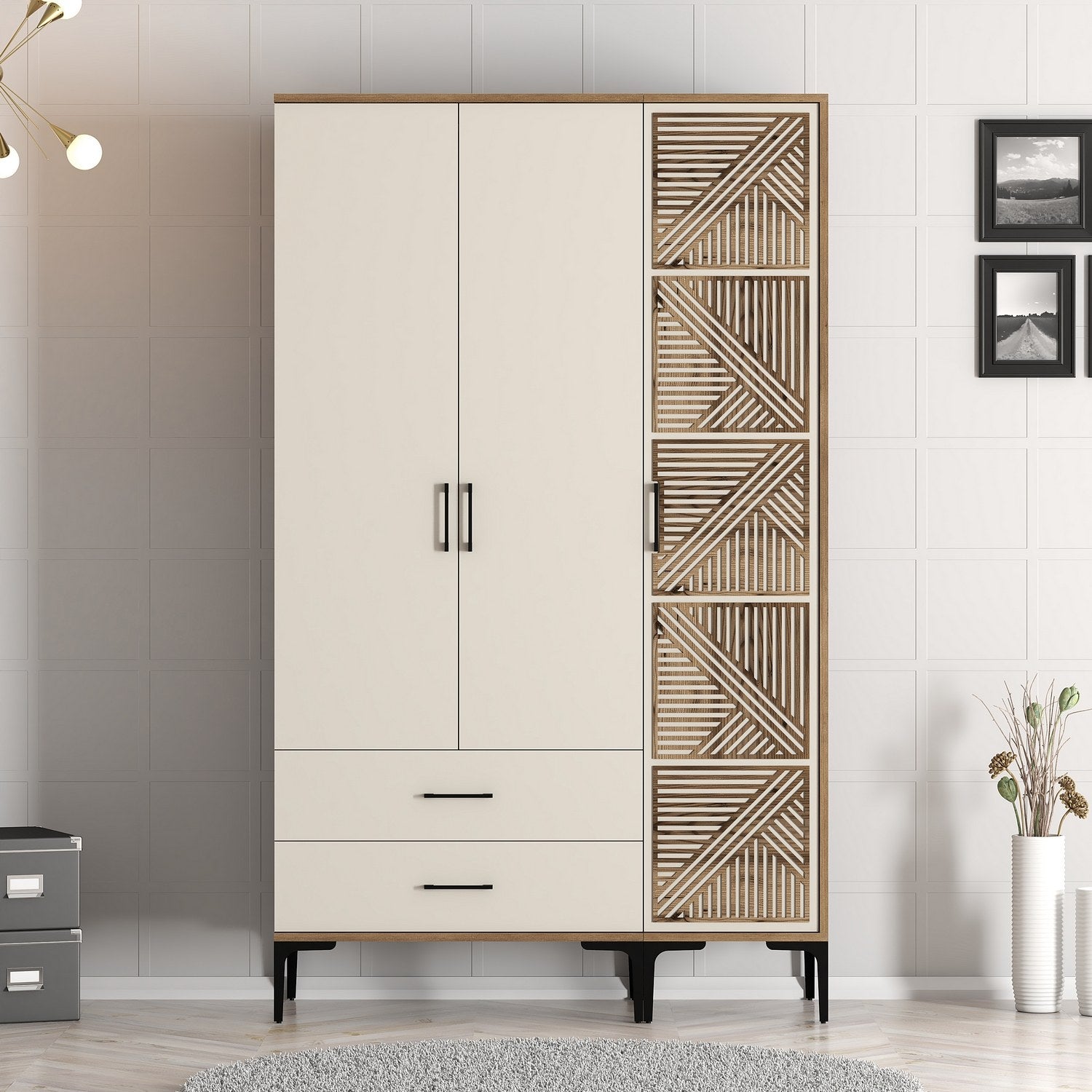 Guarda-roupa elegante – 120 cm x 201,4 cm x 47,5 cm – creme e nogueira – painéis de partículas revestidos em melamina