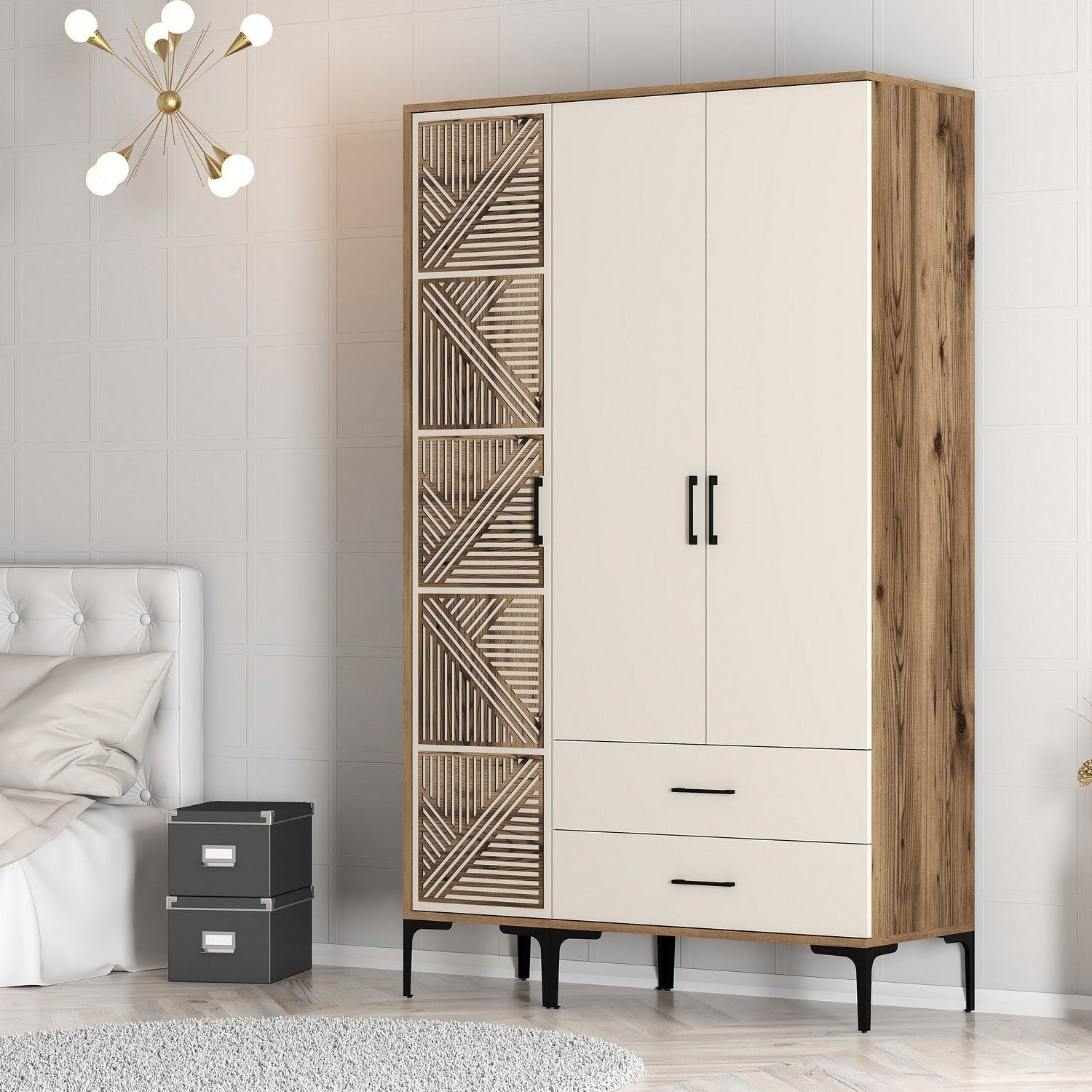 Guarda-roupa elegante – 120 cm x 201,4 cm x 47,5 cm – creme e nogueira – painéis de partículas revestidos em melamina
